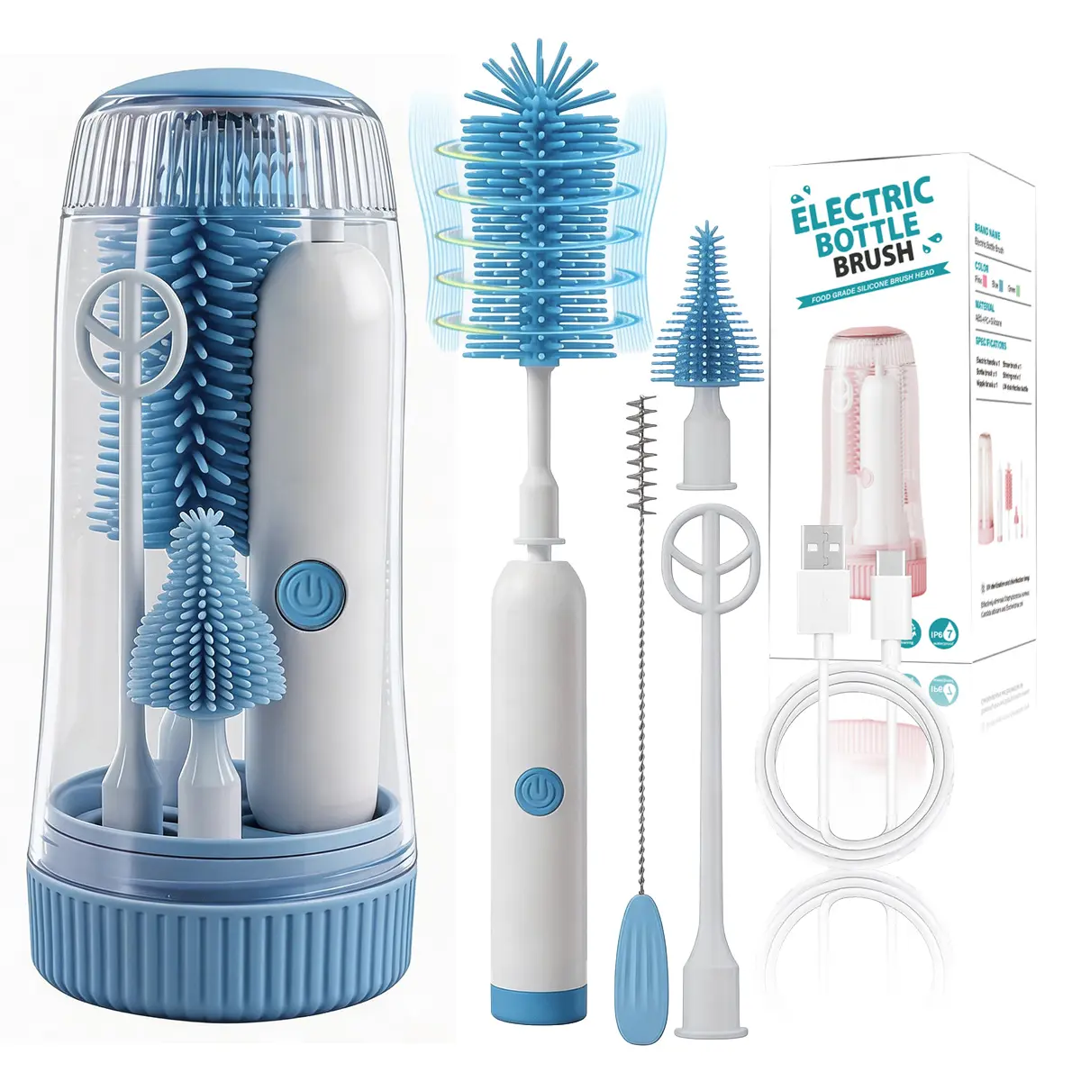 Electric Bottle Brush with 2-Speed Motor (280RPM), 4 Food-Grade Silicone Heads (Nipple/Straw/Mixer), UV Sterilizer & Drying Storage, IPX67 Waterproof, 1500mAh, Deep Clean, Odorless for Baby Cups