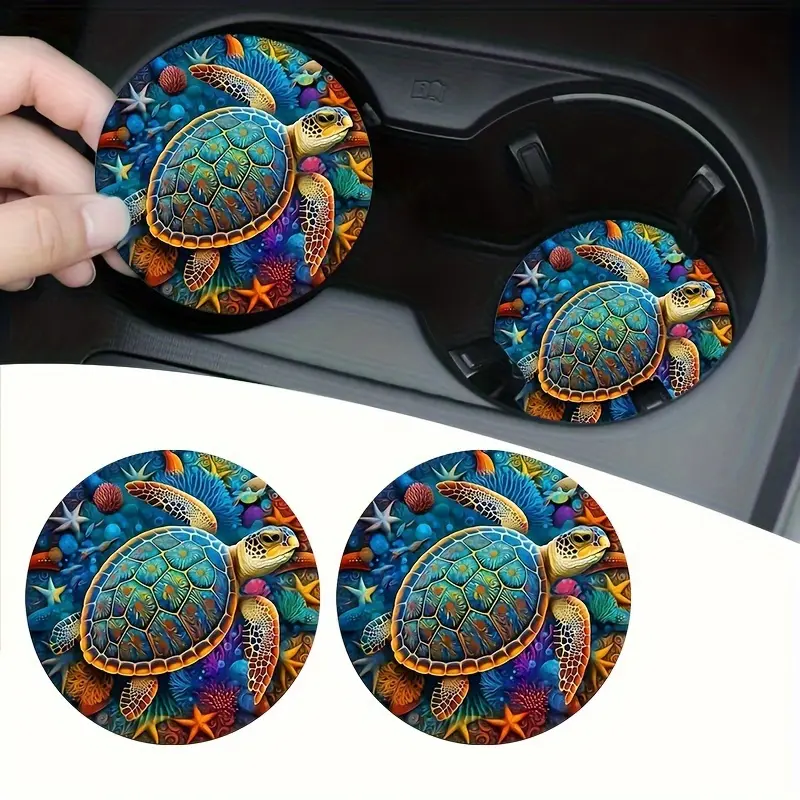 2pcs Vibrant Sea Turtle & Starfish EVA Coasters - 6.99cm Round for Car Cup Holders & Dining Table, Perfect Gift for Animal Enthusiasts