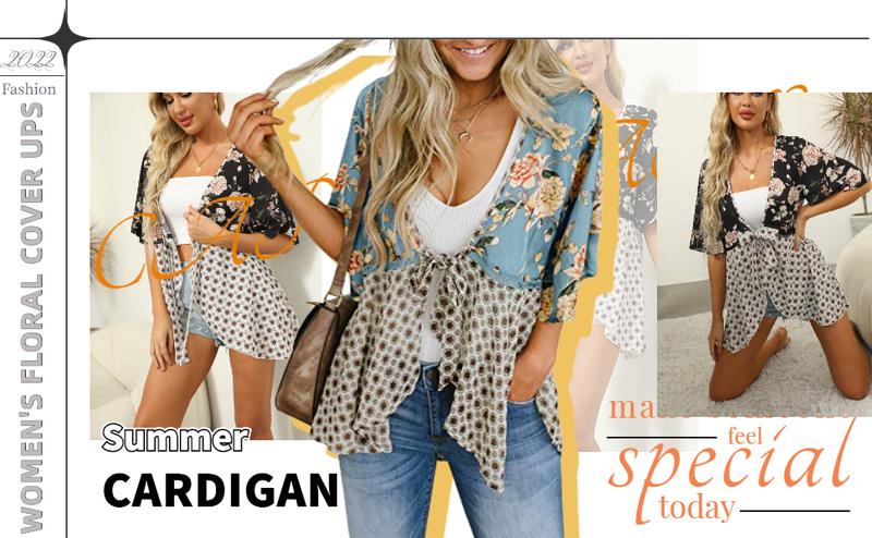 Goranbon Womens Floral Boho Patchwork Kimono Cover Ups Ruffle Short Sleeve Chiffon Lightweight Cardigans