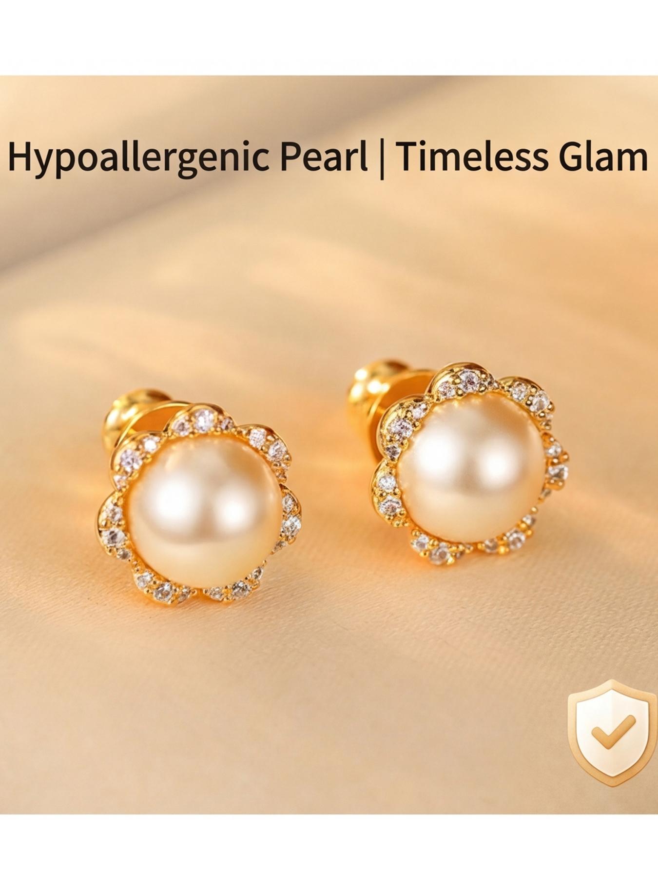 Women's Hypoallergenic Classic Champagne Pearl Stud Earrings, Gold Plated Flower Halo Rhinestone Inlaid Dainty Timeless Earrings, Fashion Jewelry for Everyday Wear Office Wedding & Gift