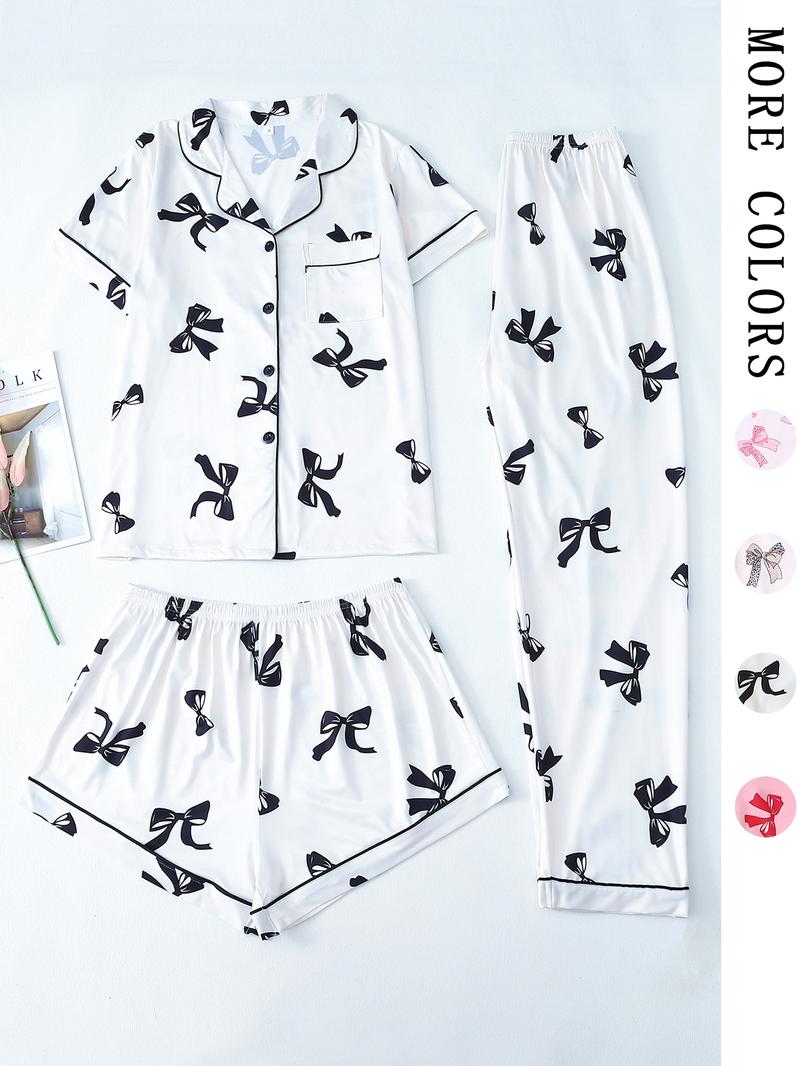 Three-piece Set Women's Bowknot & Heart Print Pajama Set, Cute Comfy Short Sleeve Tee & Elastic Waist Trousers & Shorts Pj Set, Ladies Sleepwear for All Seasons, Casual Sleepwear Set