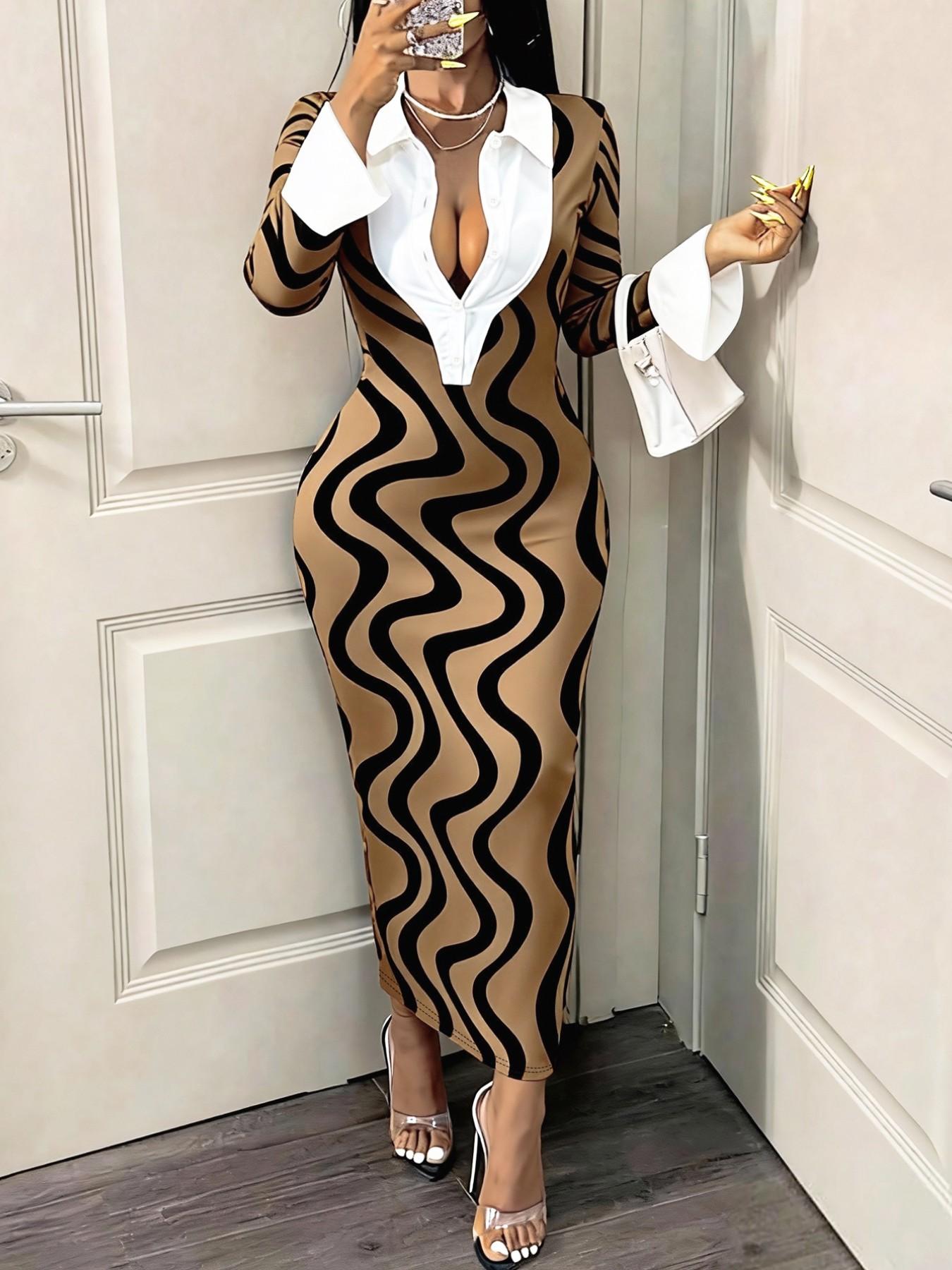 Women's Fashion Colorblock Shirt Collar Patchwork Wave Pattern Dress, Flared Sleeve Fitted Bodycon Long Evening Gown, All Seasons