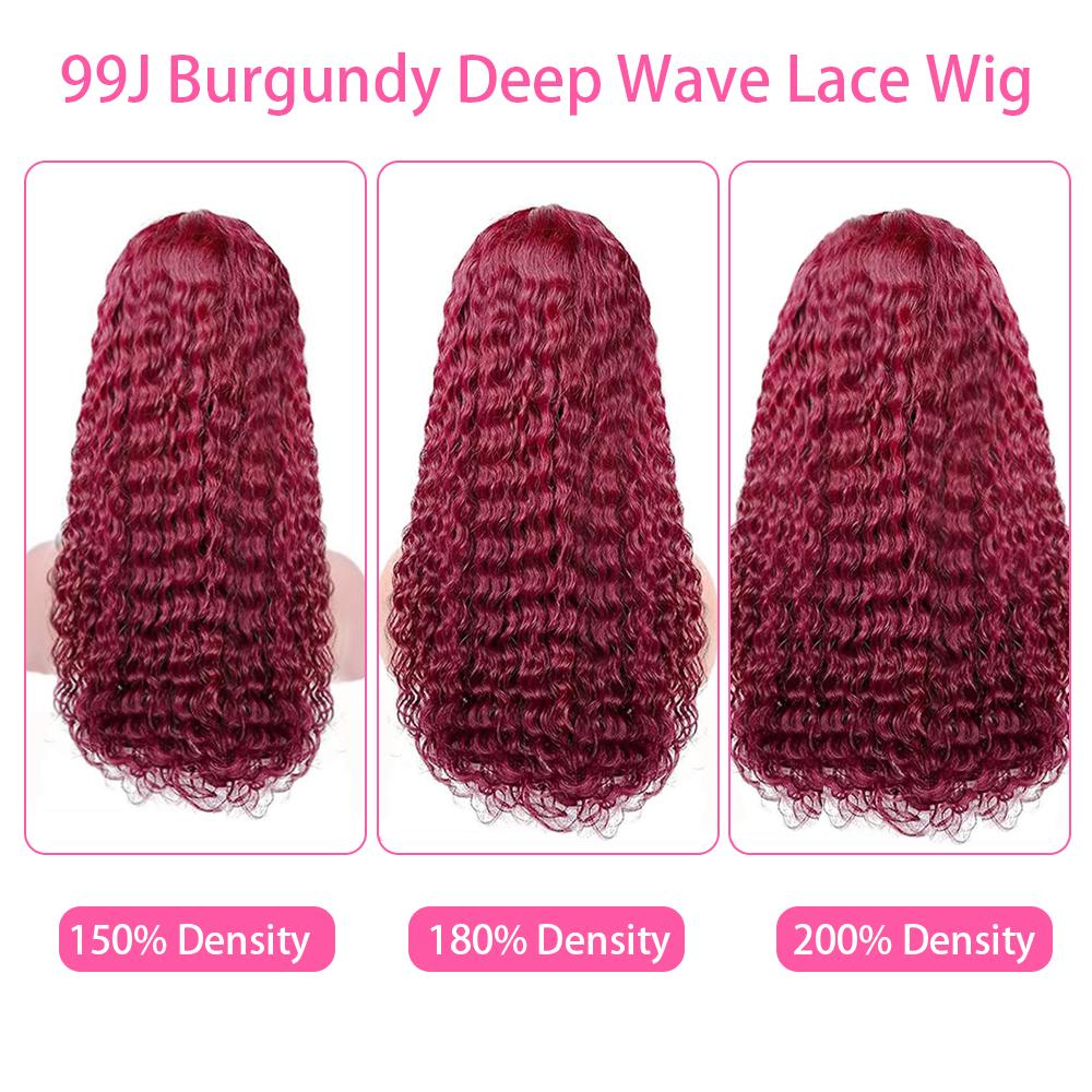 【26‘’ Burgundy Deep=$140】Tahikie 99J Burgundy Colored 200% Density Deep Wave 13x6 Full Frontal HD Lace Front Curly Wave FB30 Highlight /Natural Black Human Hair Wigs For Women TikTokShopBlackFriday
