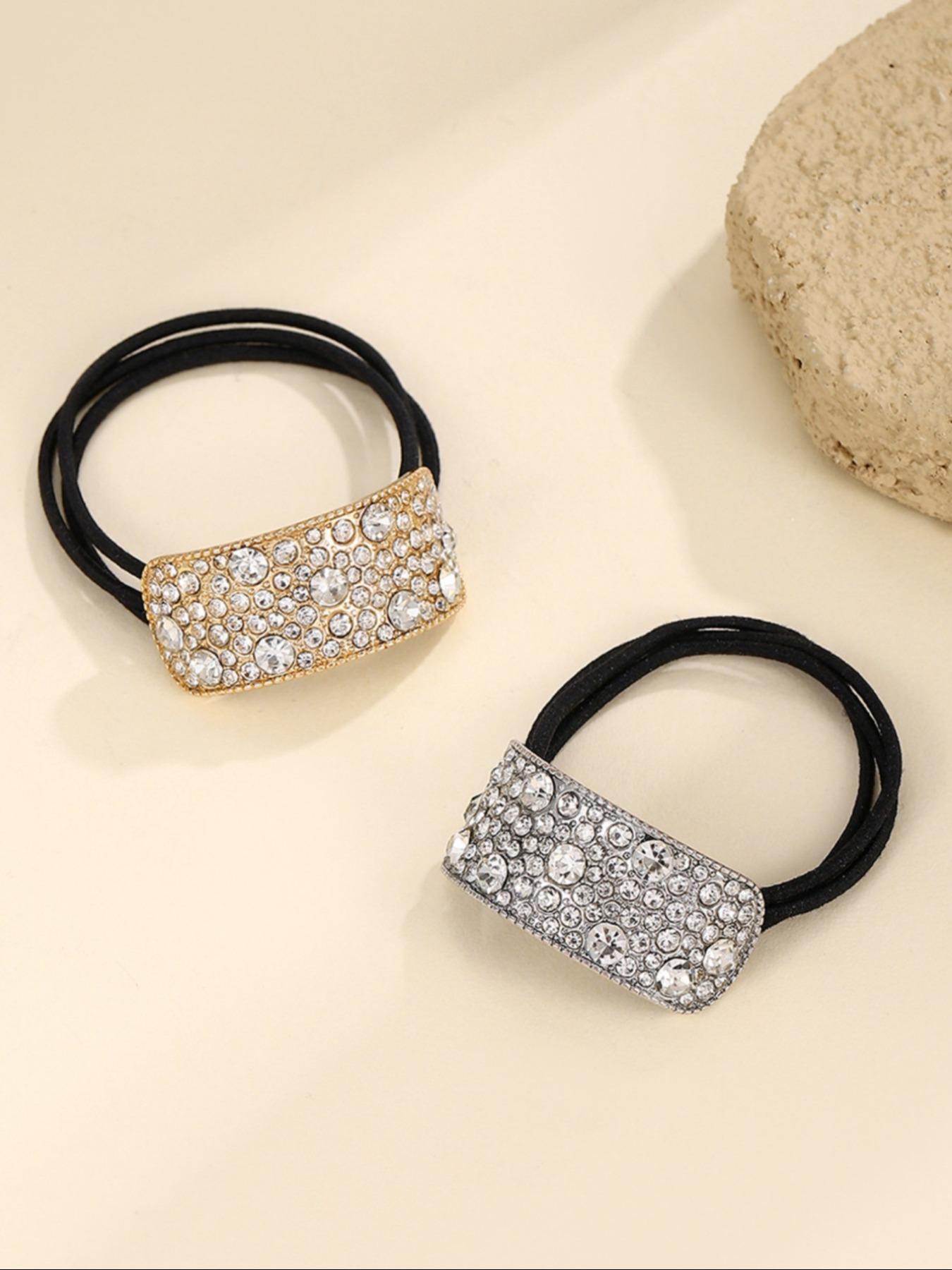 2 Sparkling Rhinestone Hair Ties, Durable Elastic Bands for Strong Hold, Stylish Hair Accessories to Enhance Your Look, Ponytail Hairstyle, Messy Bun