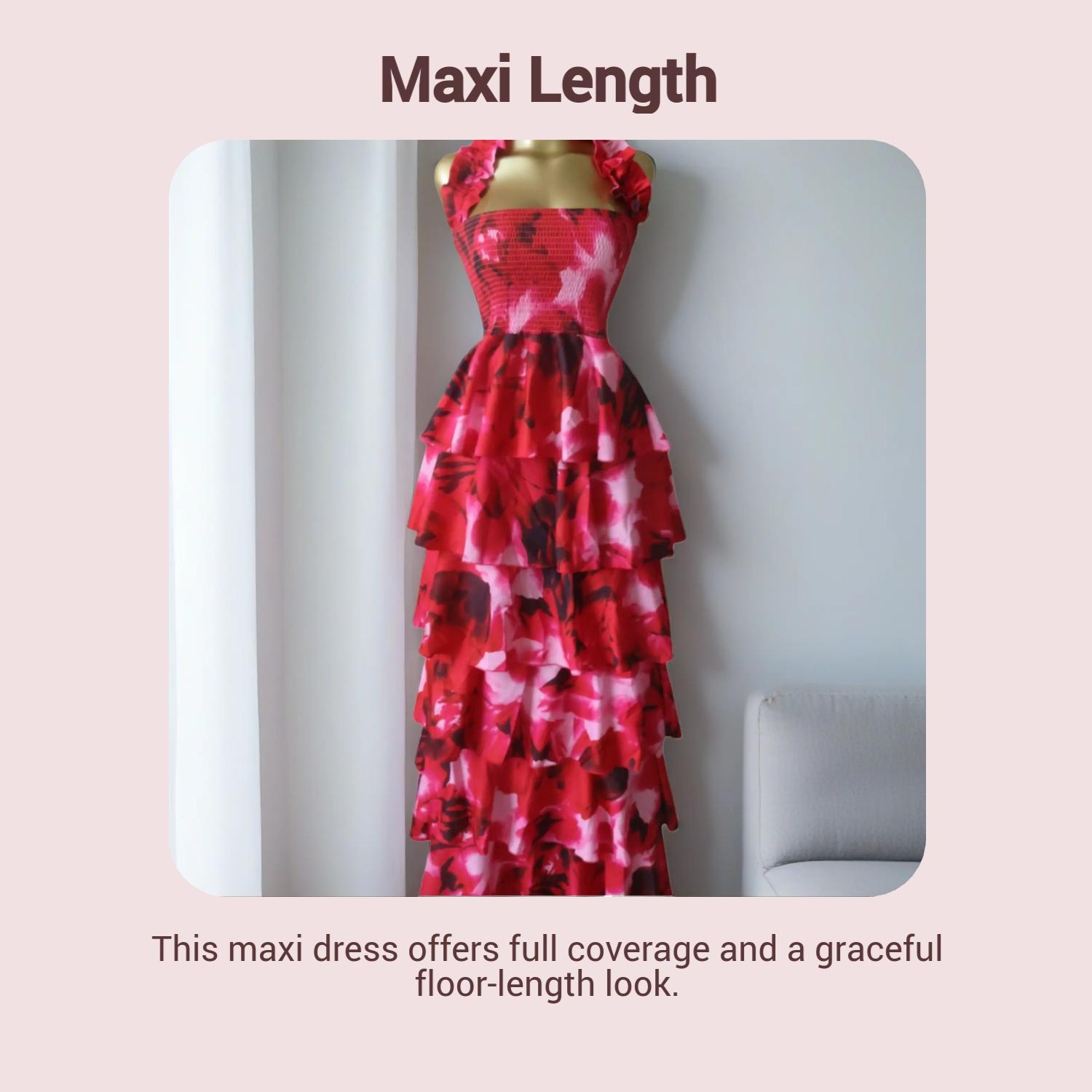QFAF Women's Halter Neck, Floral Print Layered Ruffle Smock Maxi Dress, Floral Design Dress, Party Vacation Clothes, Sexy Style, Bohemian, Cacading Ruffles Gown A-line Dresses