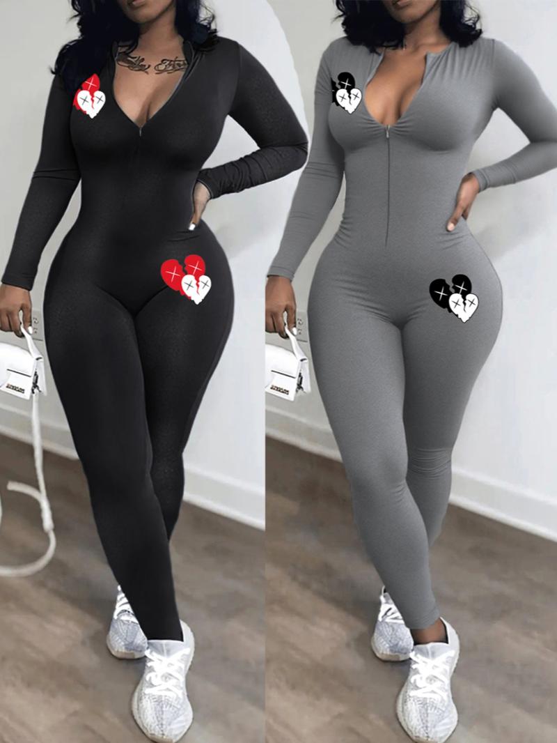 Women's Plain Tight-Fit Zipper Jumpsuit, Long Sleeve Casual Romper, Spring & Fall Fashion, Comfortable One-Piece