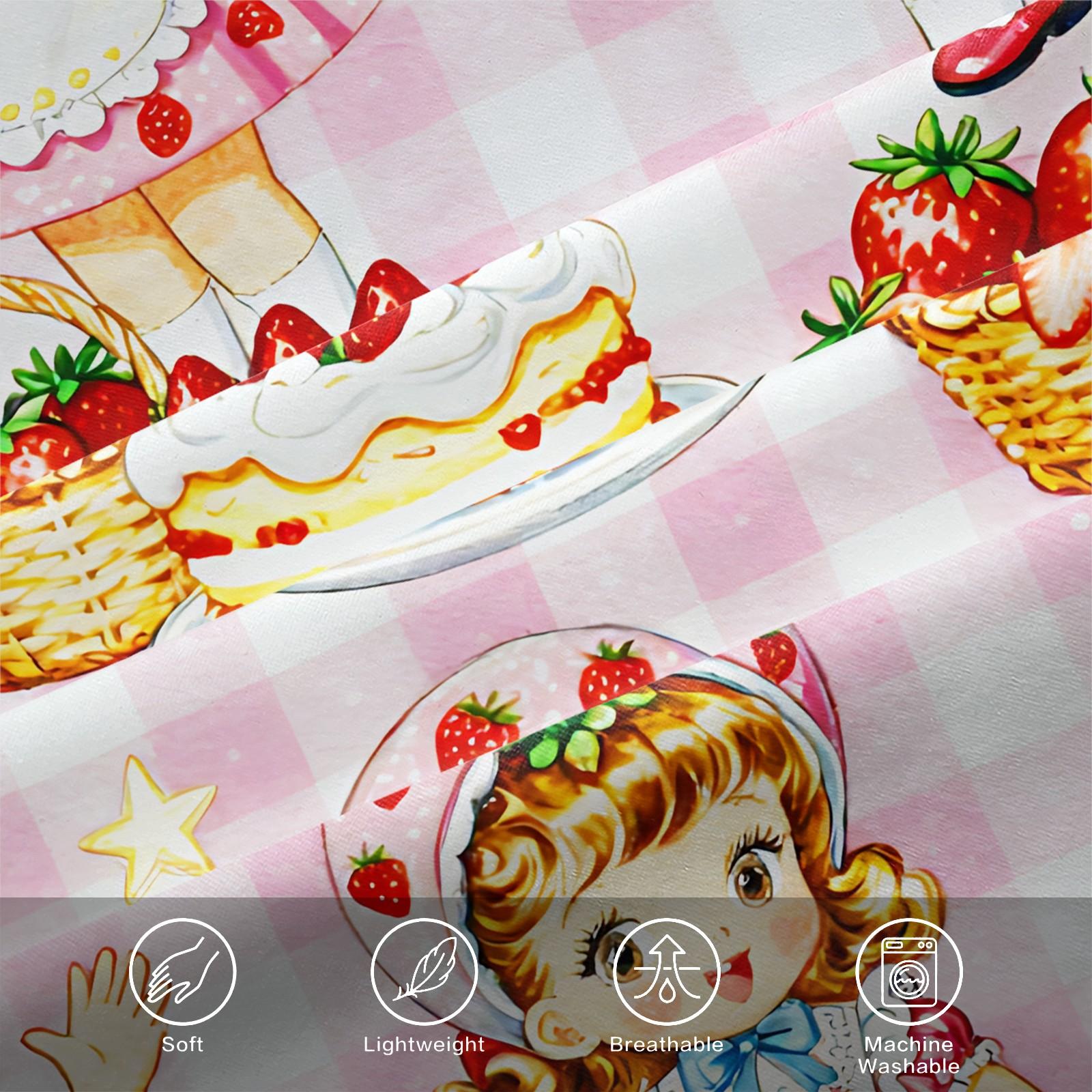 Strawberry Sweetheart Fitted Sheet Set and 2 Pillowcases No Core, Pink-White Checkered, Vintage Hand-Drawn Dessert Party Design, Soft Anti-Slip Bedding, Fairy Tale Girls Room, Kids Room Decor, Gift Choice