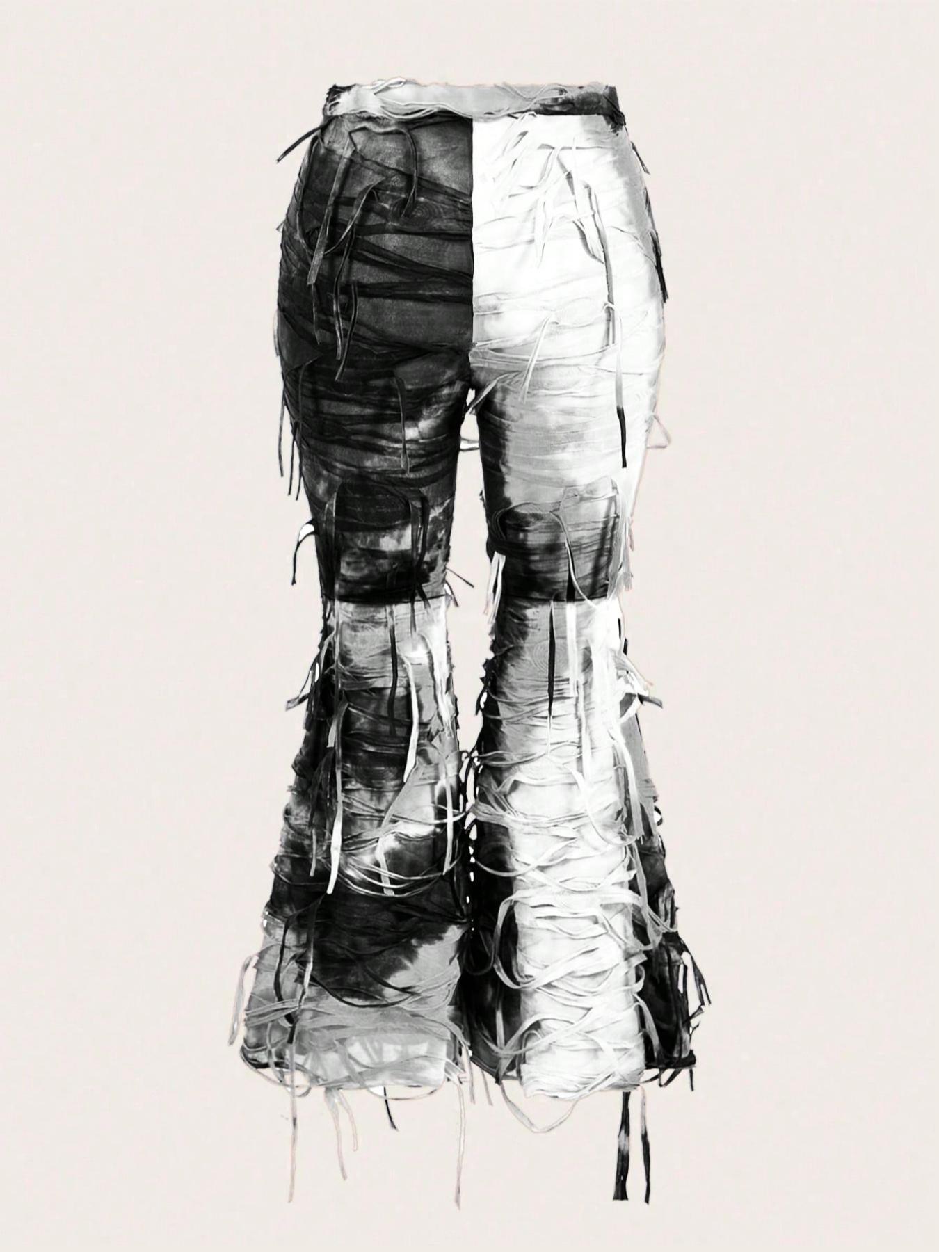 【Plus Size】 Tie Dye Ripped Flare Leg Leggings, Casual Comfy Bell Bottom Pants for Daily Wear, Women's Bottoms for All Seasons