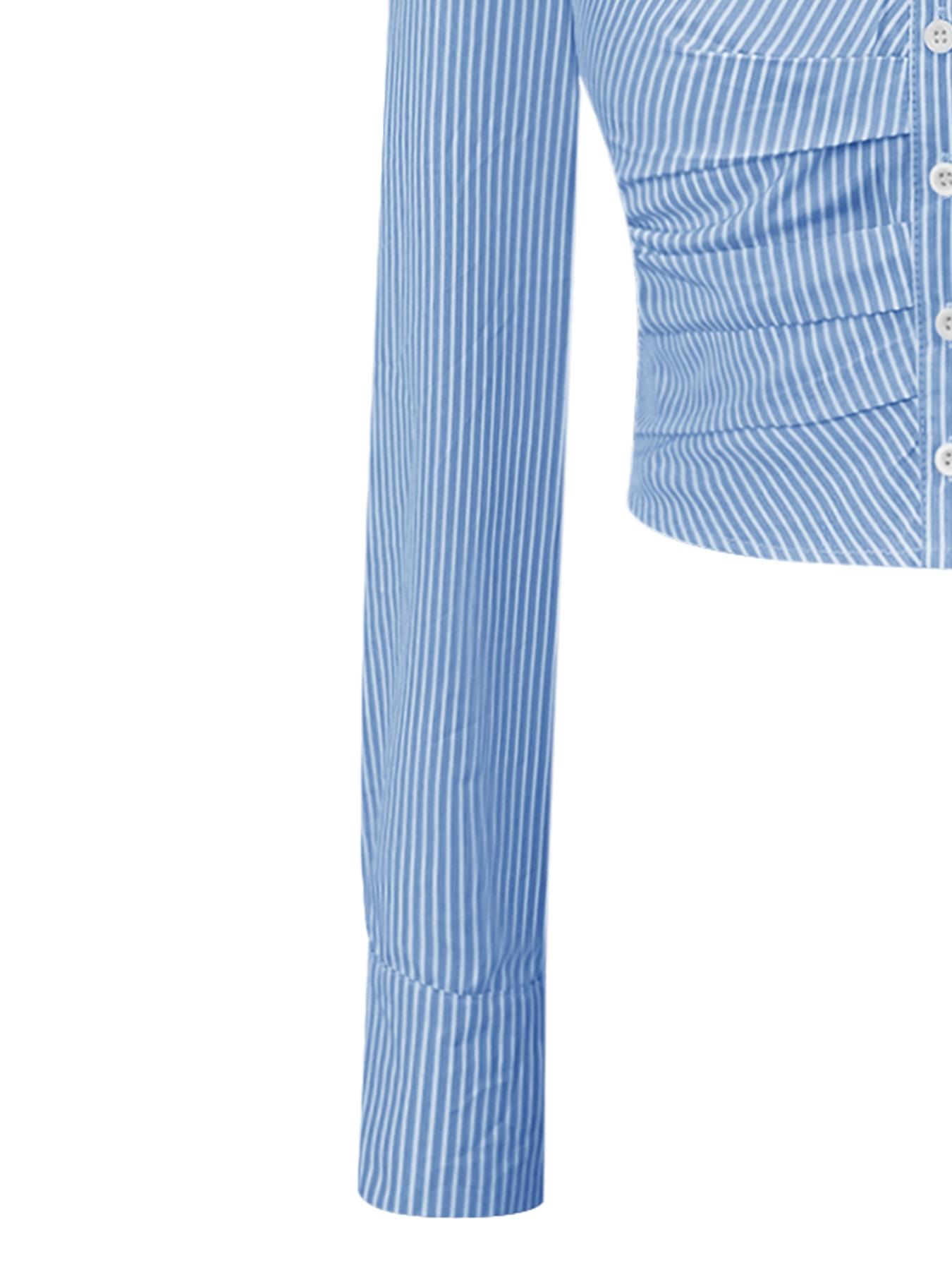 Elegant Women's Long Sleeve Shirt, Spring & Fall Fashion, Single Button Design, Wrinkled Hem, Striped Pattern, Versatile Top, Blouse