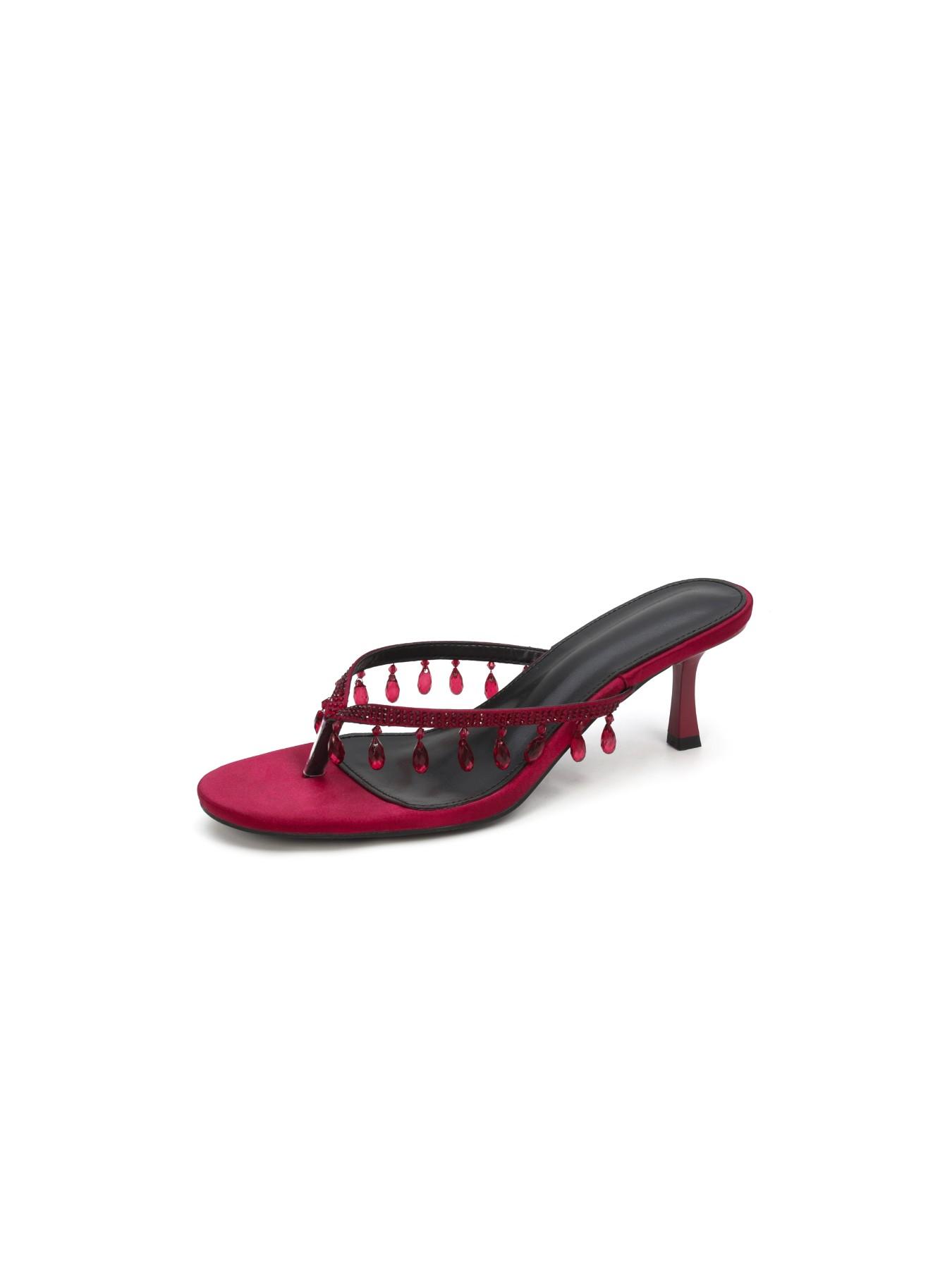 Burgundy Satin Thong High‑Heel Mules Women Water Drop Rhinestone Tassel Slip‑on Heeled Sandals Evening Party Dress Shoes