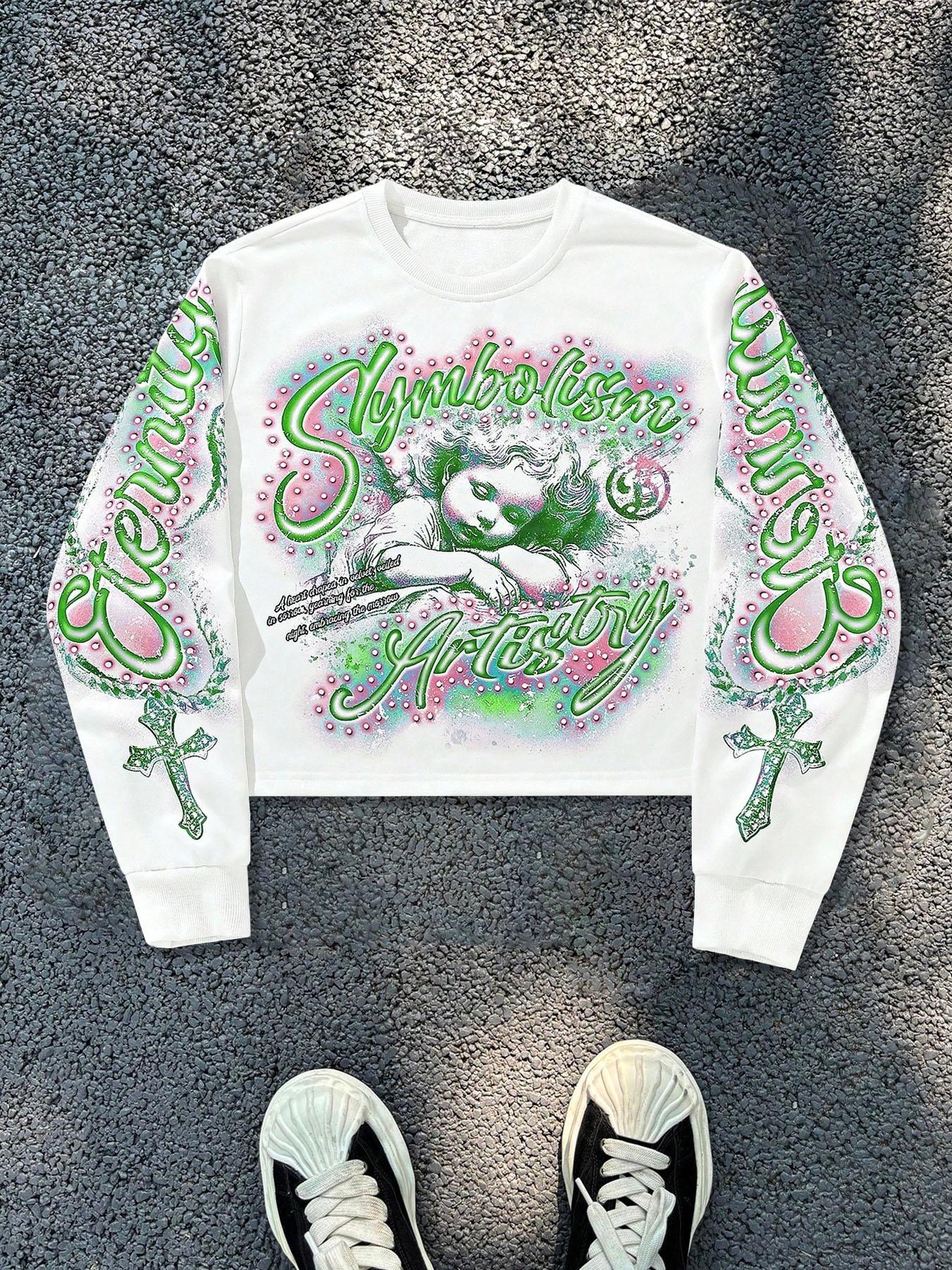 Unisex Streetwear Angel Print Design Sweatshirt, Loose-fitting Casual Long Sleeve Crewneck for Fall & Winter Fashion