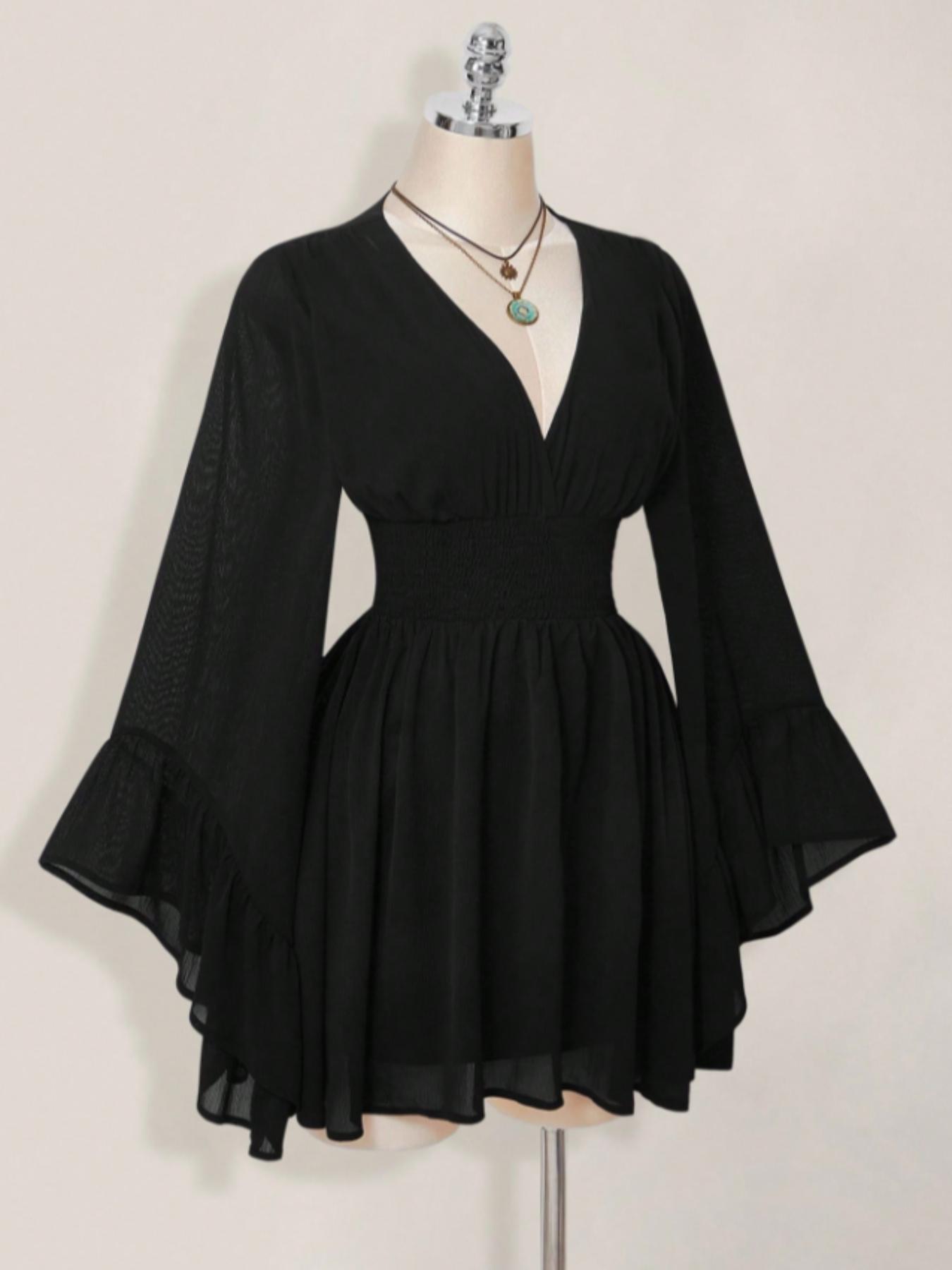 Women's Gothic Style V Neck Waist Cinched Fitted Dress, Elegant Long Sleeve Mini Dress, Autumn/winter Lantern Sleeve Dress