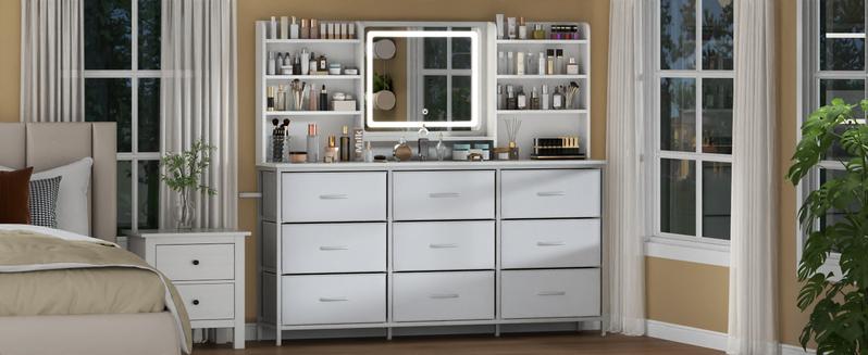 White Vanity Desk with Lighted Mirror, Makeup Vanity Table with 9 Fabric Drawers, 8 Storage Shelves & 3 Lighting Modes, Dressing Table with Mirror and Light for Girls, Women