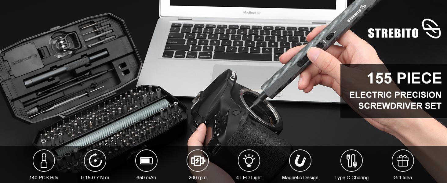 STREBITO Electric Screwdriver 155 in 1 Mini Set with 3 Torque Settings, 140 S2 Magnetic Bits, 650mAh Power, Repair Tool Kit for PC Phone tools gadgets