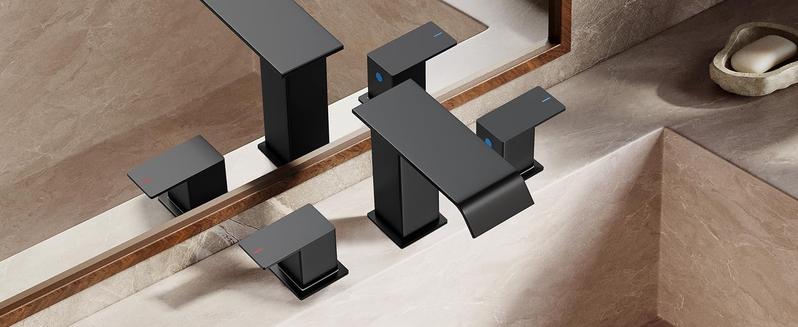 FORIOUS Bathroom Faucets 3 Hole Black Gold Brushed Nickel - 8 Inch Widespread Bathroom Sink Faucet Waterfall Spout with Pop Up Drain and Water Supply, Suitable for Vanity RV Commercial Lavatory Restroom