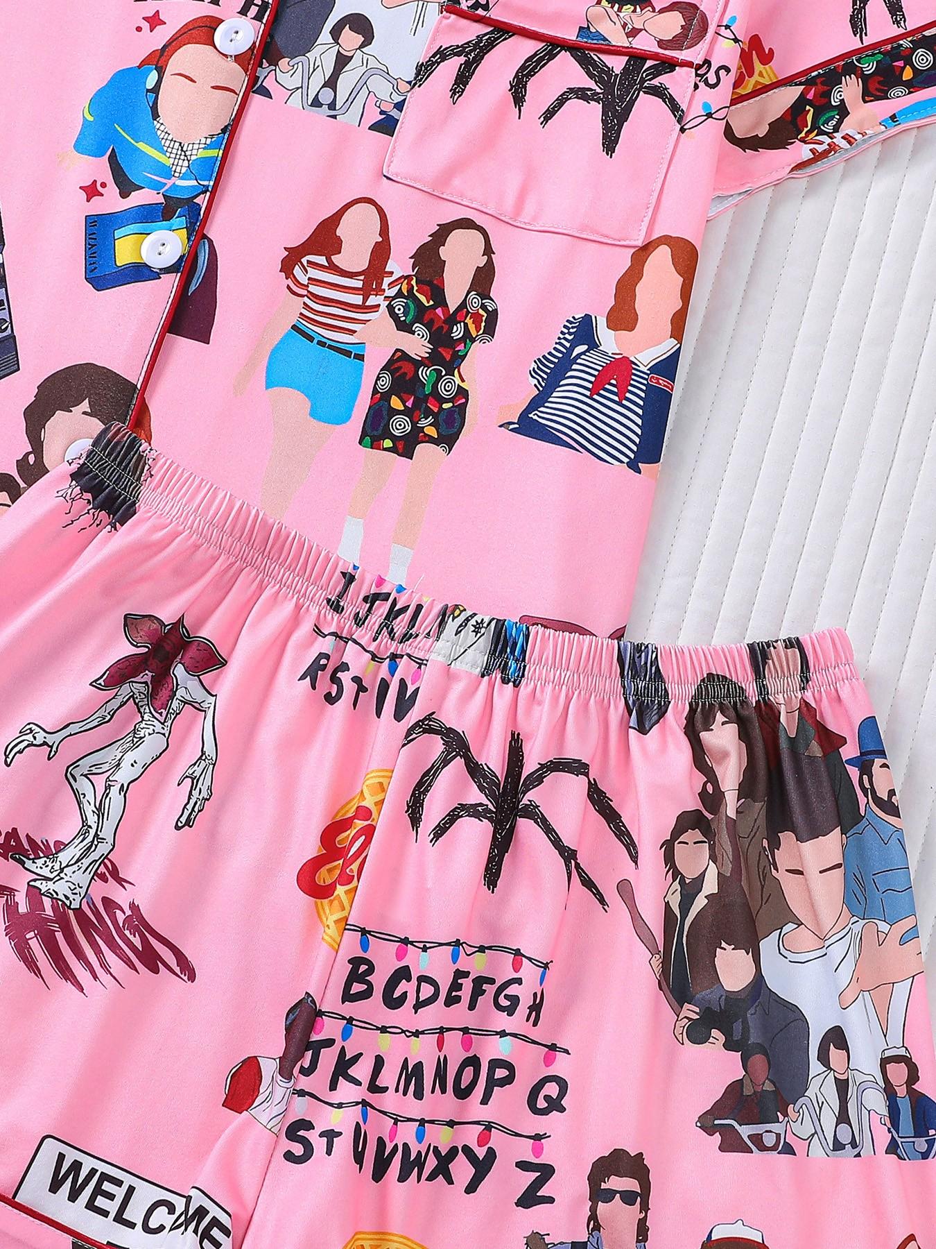 Stranger Things Cartoon All-Over Print 2-Piece Pajama Set for Women, Pink Girly Style Lapel Short Sleeve Top with Pocket & Elastic Waist Shorts, Soft Comfortable All-Season Casual Daily Loungewear Sleepwear