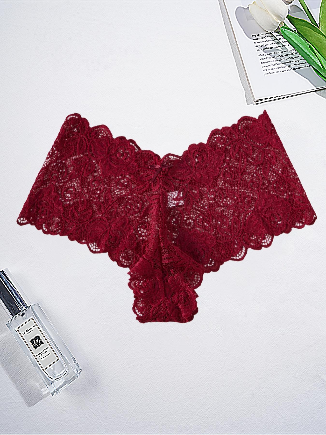 Women's Lace Underwear Mid-Waist Thong Panties, Bow Detail, Full Embroidery, Plain Color, M-Xxl, Slim-Fitting, All Seasons
