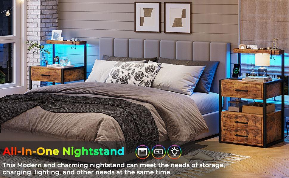 Sikaic LED Nightstand With Charging Station 2 USB Ports And 2 AC Outlets And 3 Drawers Open Storage