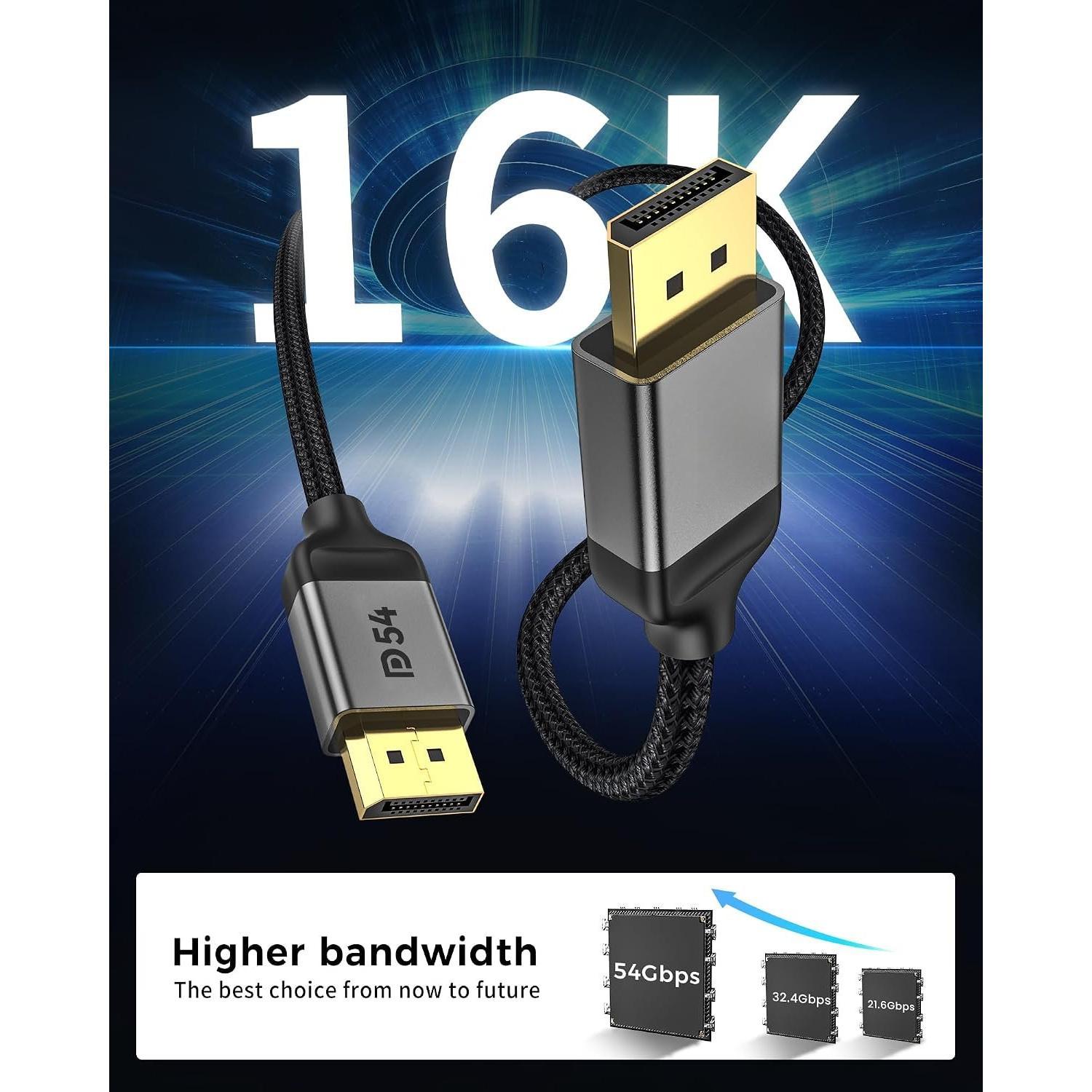 54Gbps 16K DisplayPort  2.1, [VESA Certified] DP Cord 6.6FT | 16K@30Hz, 8K@120Hz, 4K@240Hz 165Hz 144Hz, HDR, HDCP DSC 1.2a, Compatible DP 1.4 FreeSync G-Sync Gaming  5090 7900XTX