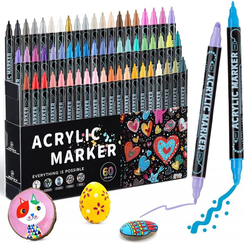 Waterproof Dual Tip Acrylic Paint Pens, Dot & Fine Tip Premium Coloring Drawing Markers Set for Wood, Rock Painting, Canvas, Glass, Ceramic Surfaces and DIY Crafts Making Art Supplies