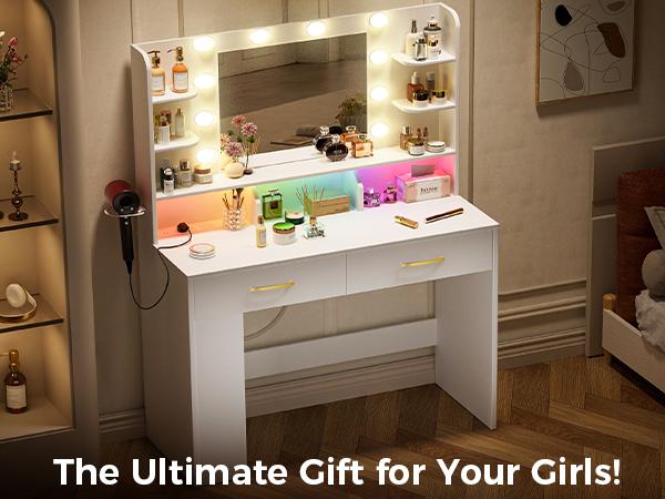 COMHOMA Makeup Vanity Desk with Mirror and Lights, Large Vanity Table with 6 Drawers & 1 Storage Cabinet, 3 Color Modes Adjustable Mirror, Furniture Luxury