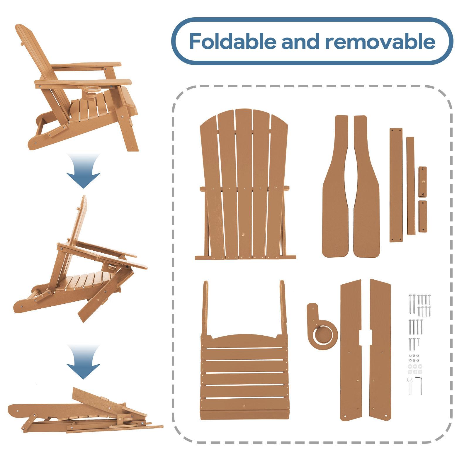 Folding Adirondack Chair with Wood Texture & Cup Holder - All-Weather HDPE for Poolside, Lawn, Patio, and Garden