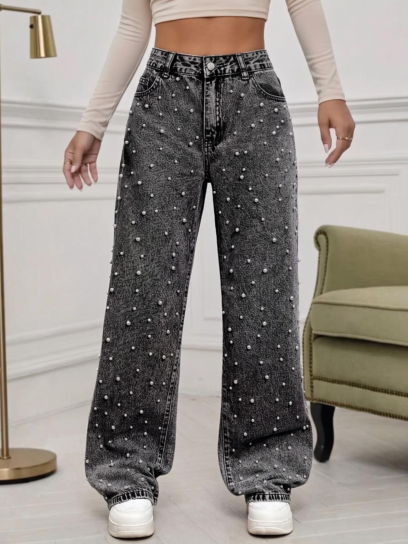 Mid-Rise Baggy Straight Leg Jeans with Pearl Embellishment, Snow Wash Denim Pants for Women, Vintage Slimming Casual Streetwear, Trendy Summer Bottoms, Elegant Chic Style, All Season Comfort, Everyday