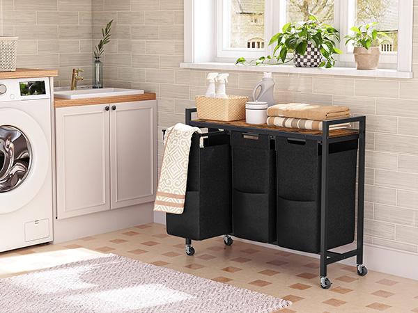 HOOBRO Laundry Sorter 3 Section, Laundry Hamper with Wheels, 3 × 11.5 Gal (43.4L), Rolling Laundry Basket, Pull-Out and Removable Oxford Fabric Laundry Bags, Rustic Brown and Black Clothes Organiser