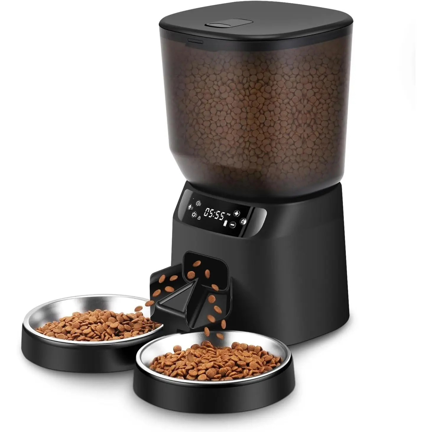 5L/20 Cups Double Automatic Cat Feeder for 2 Cats, 2 Stainless Bowls, 20-Portion Timer Setting for 6 Meals Daily, 10s Meal Call (Black), Double Feeder