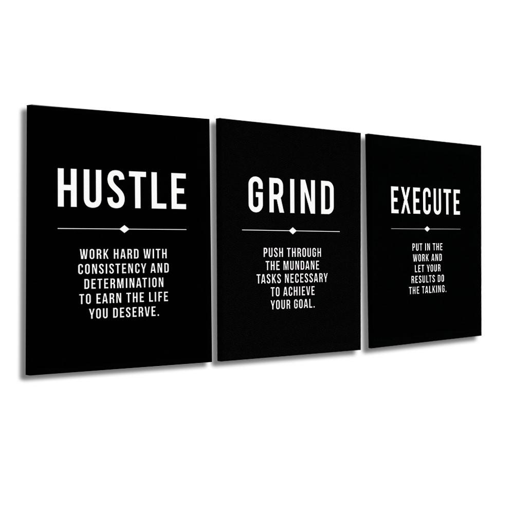 3-Panel Wooden-Framed Canvas Wall Art, Black Background Hustle Grind Execute Motivational Text Print, HD Canvas Prints, Inspirational Wall Decor For Office & Workspace, Modern Home Art, Ideal Entrepreneur Gift