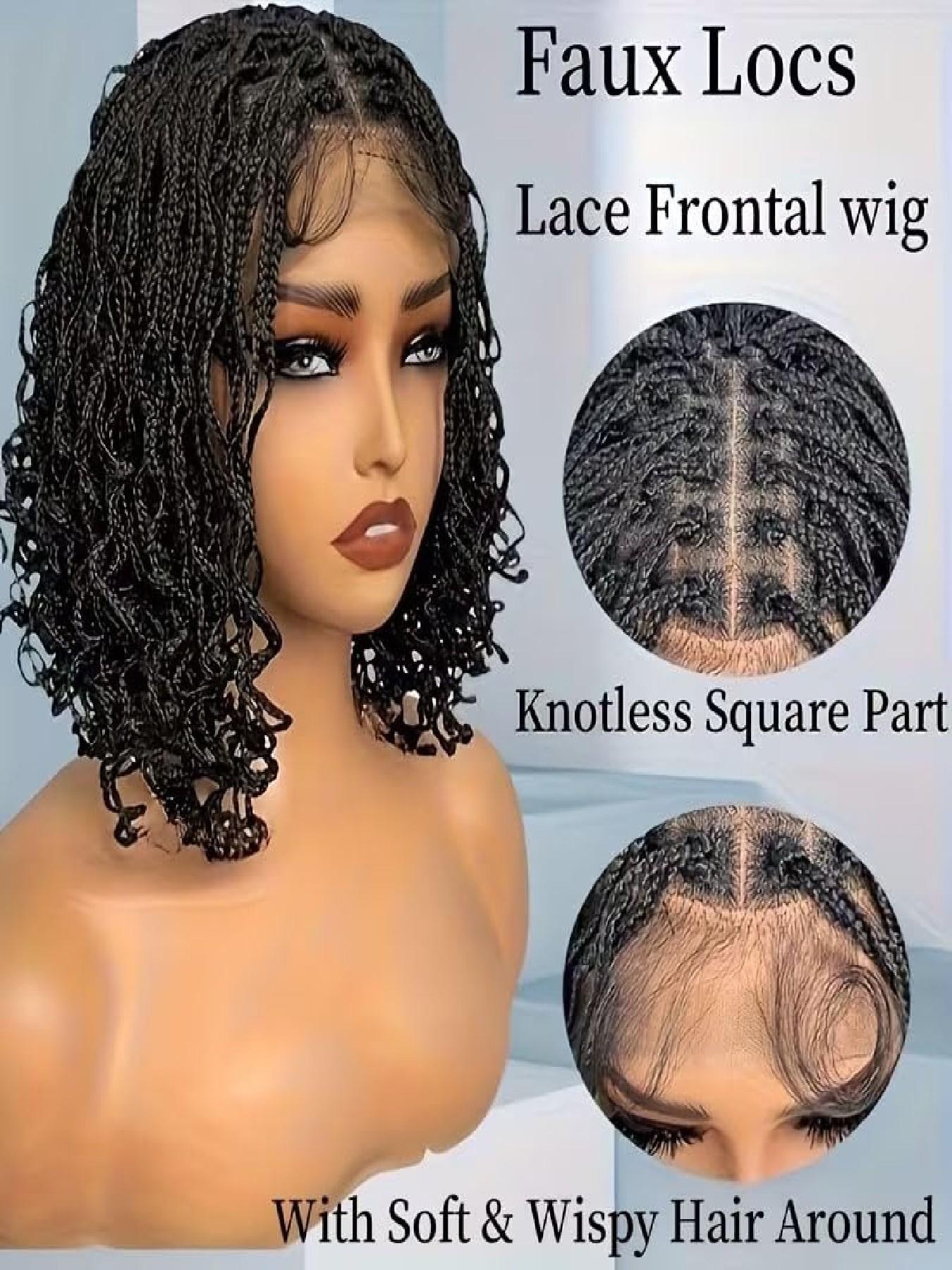 Short Braided Wig Kinky Faux Synthetic Locs Wig Handmade Bohemian Cornrow Box Braids 150% Density Double Lace Knotless Crochet Dreadlock Wig Pre-Plucked Hairline&Updo Style for Women