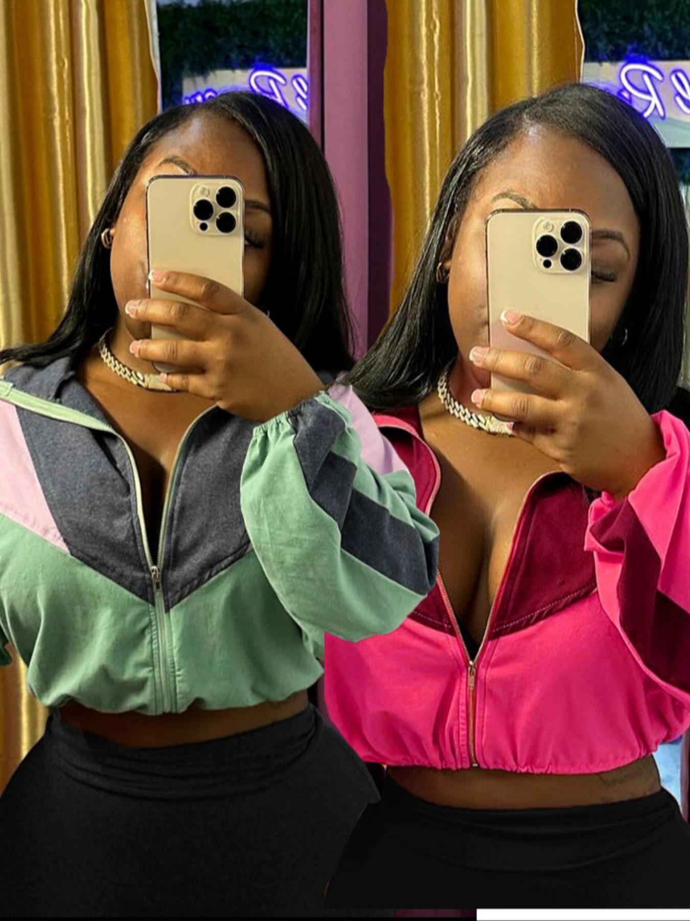 No Pants Included, Women's Patchwork Casual Long Sleeve Jacket, Zipper Drawstring Sportswear, Fitted All Seasons Outerwear, Athletic Jackets, Zip Up Jackets