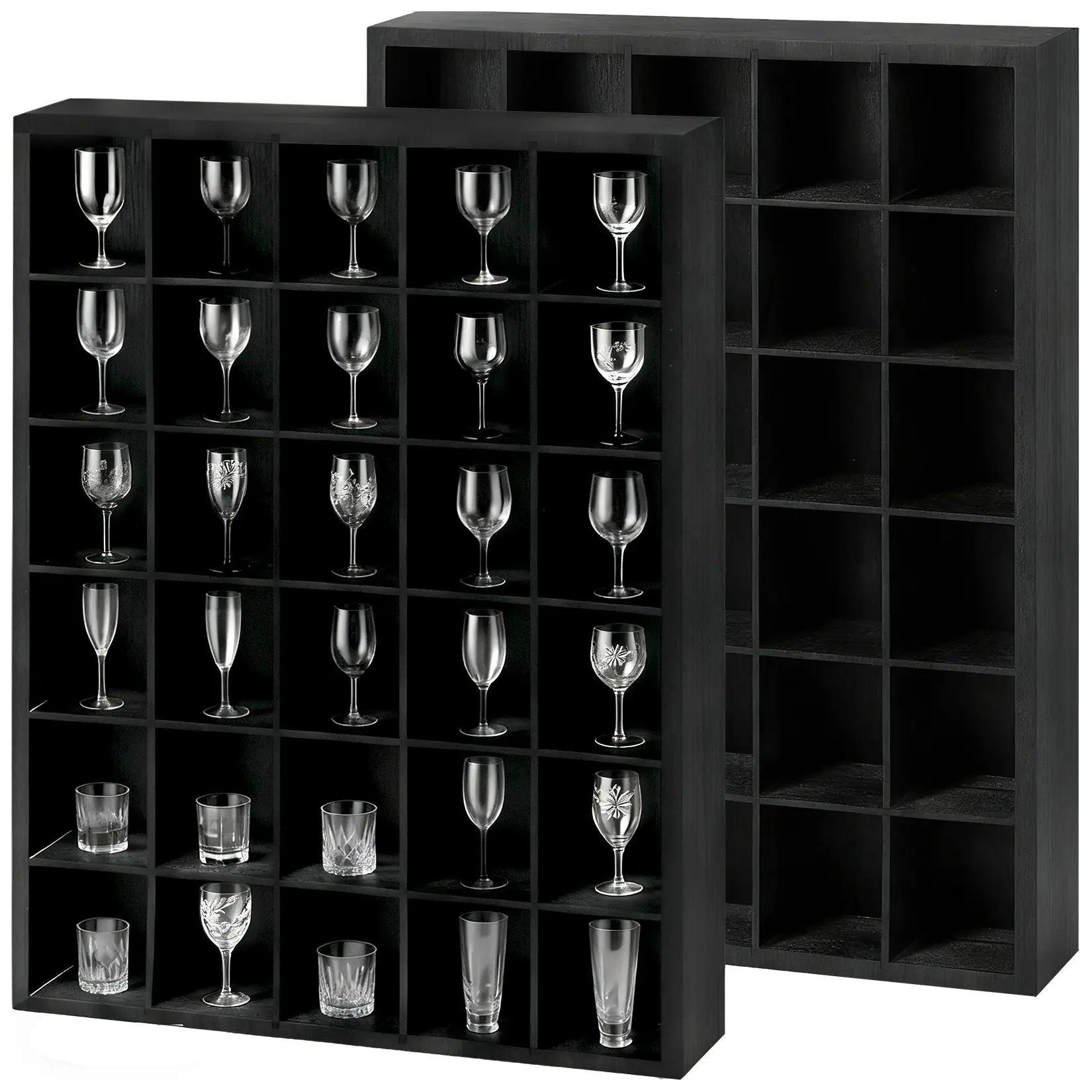 2 Pack 16.9x12.2 in Black Wooden Shadow Box with 30 Adjustable Slots and 2 Removable Shelves for Shot Glasses Miniatures Wall Display