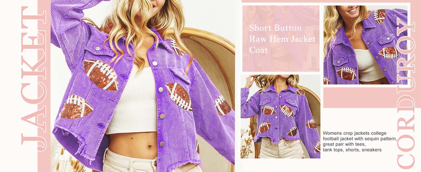 Ommig Womens Game Day Corduroy Sequin Football Cropped Jacket Rugby Oversized Lapel Button Down Shirt Shacket Coat