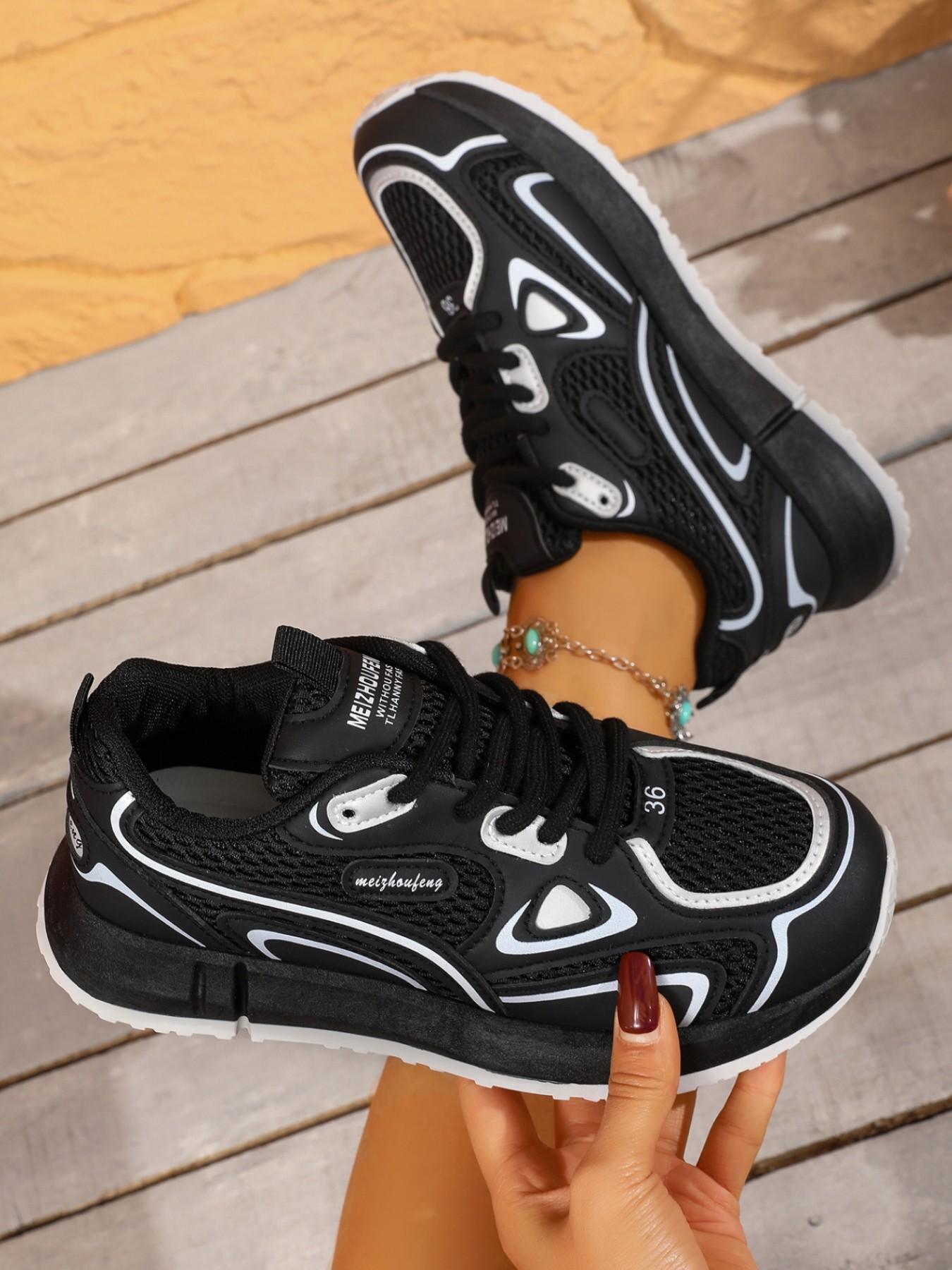 Breathable Mesh Line Spliced Chunky Dad Shoes, Lace Up Lightweight Cushion Sneakers, Techwear Daily Outdoor Women Casual Footwear