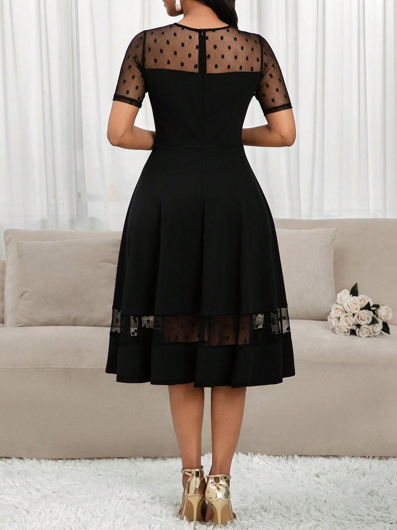 Spring Summer New Women's Elegant Solid Color Dress, Round Neck Short Sleeve Mesh Polka Dot Patchwork, Waist Cinched Slim Fit Midi Dress