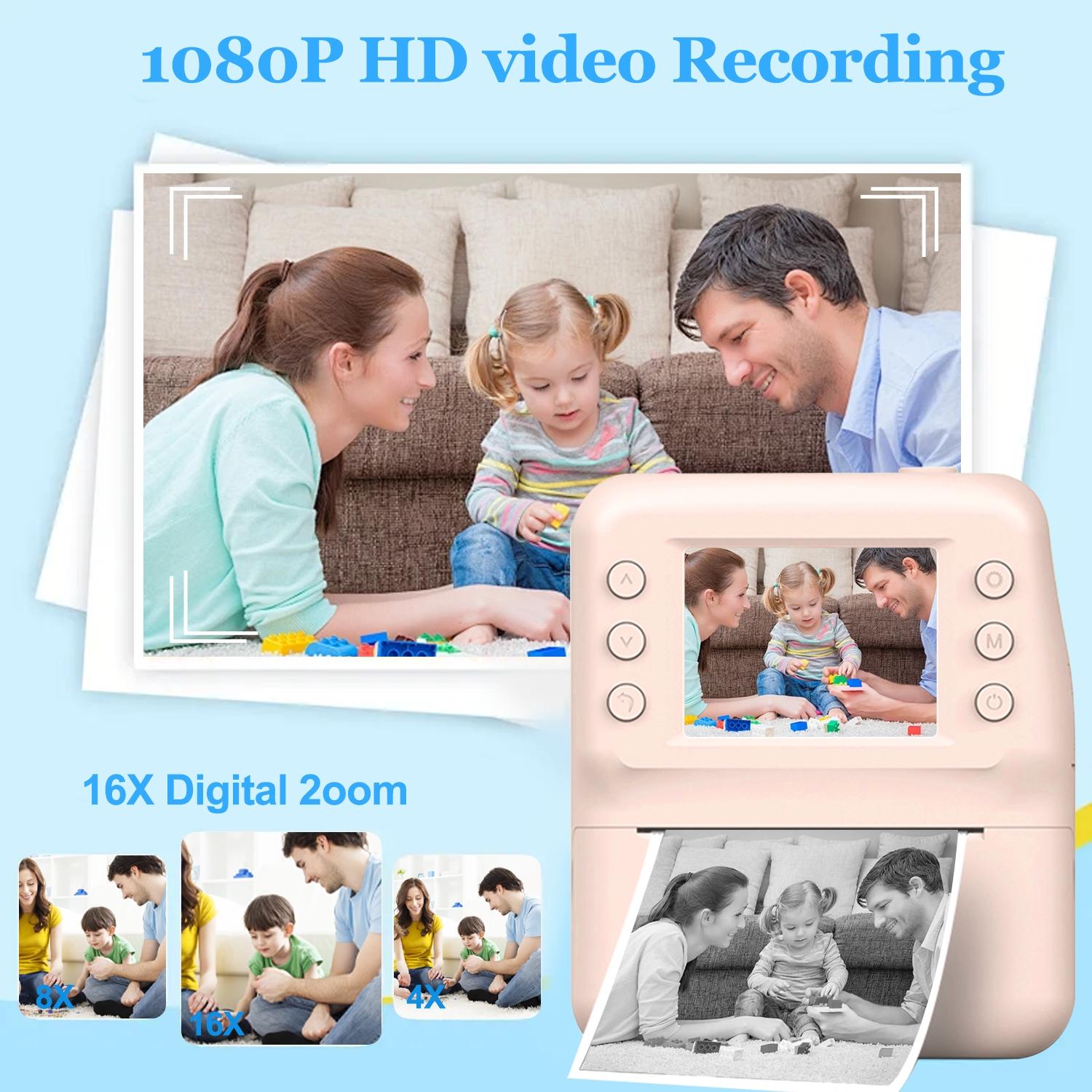 Kids Instant Print Camera 48MP High Definition 1080P Video, 8X Magnification Zoom with Flashlight, 5 Color Photo Filters, 3s/5s/10s Timed Shooting & 3/5 Burst Shooting, Includes 3 Rolls Printing Paper, Great Camera Toy for Kids