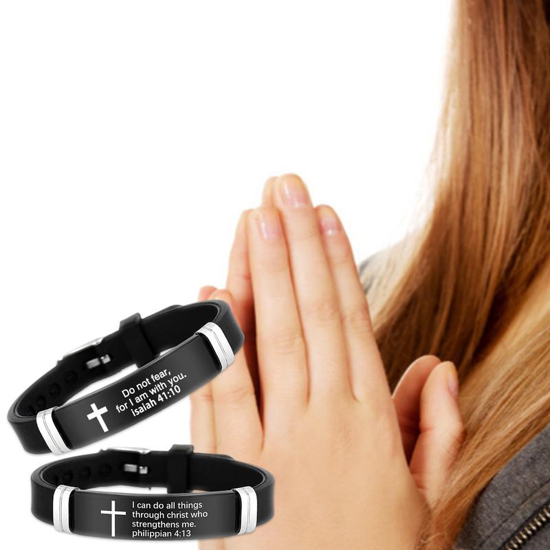 Inspirational Quote Bible Verse Cross Bracelets Faith Christian Silicone ID Wristband Religious Gifts for Men Women Stainless Steel Rubber Adjustable Bracelet