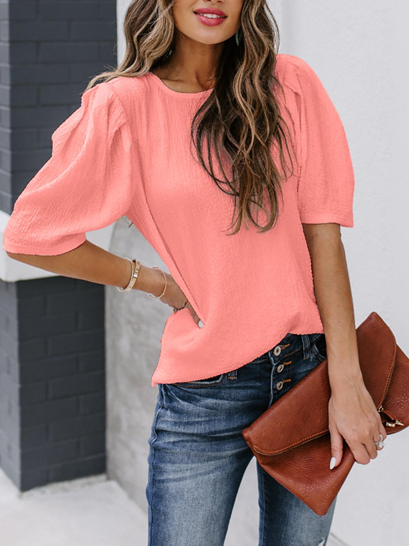 French Bubble Sleeve Solid Color T-Shirt for Women, Summer Simple Round Neck Short Sleeve Top, European and American Style Casual Basic Shirt