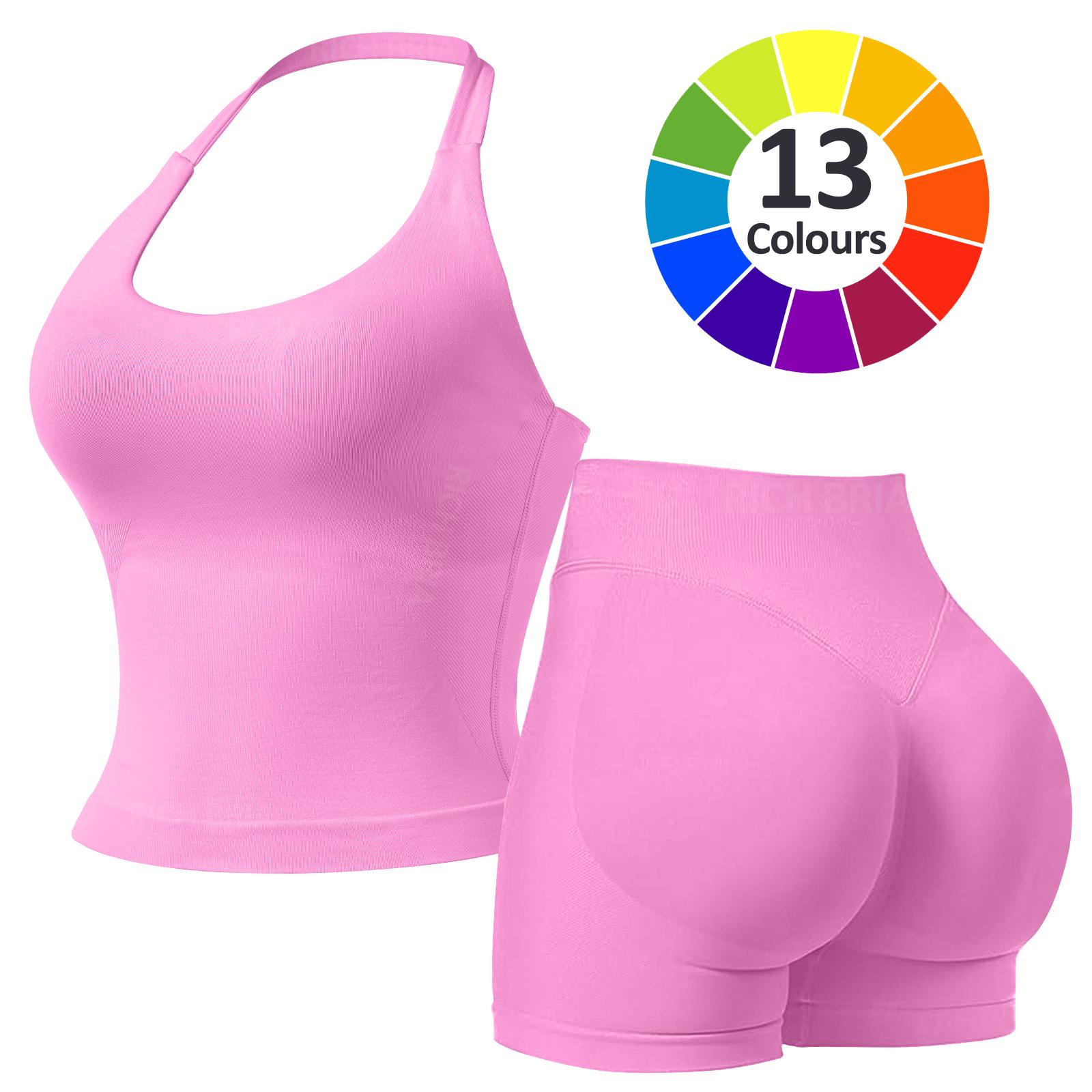 RICH BRIA Women's Solid Color Halter Top & High Waist Shorts Sports Set, Sporty Breathable Quick Drying Outfits for Yoga Gym Fitness Running, Ladies Sportswear for Summer, Workout Clothes, Workout Gym Clothing, Athletic Sports Clothing, Athleisure Wear
