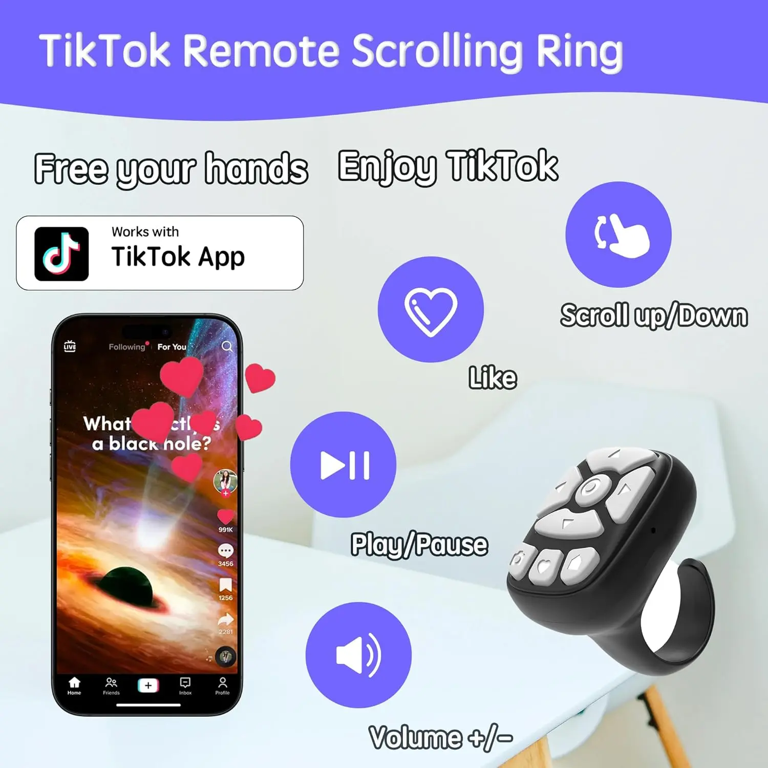 TikTok Scrolling Ring – 8-Button Finger Tip Wireless Remote, with Camera Remote Shutter for iPhone & Android (Black) Selfie