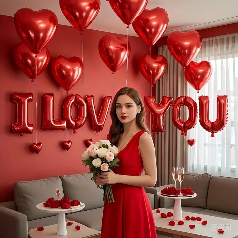 I Love You Heart Balloon Set, Heart Shaped Balloons, 16 Inch Banner + 18 Inch Foil Balloon Accessories, Perfect for Weddings, Anniversaries, Birthdays & More!