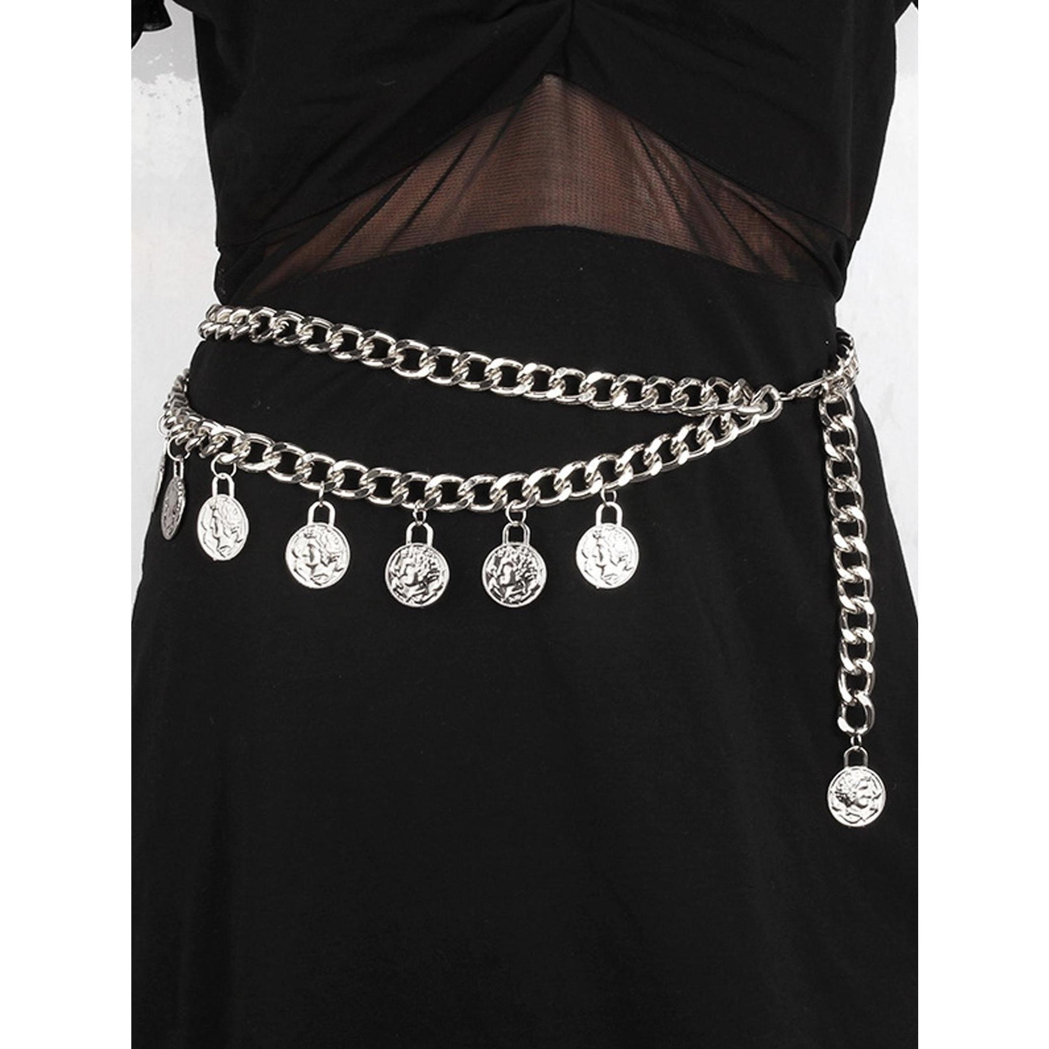 Gold Coin Belt Pirate Coin Metal Belt Chain Waist Chain for Women Fashion Plus Size Gold Waist Chains Waist Belts Layered Body Chain Pirate Waist Chain Jewelry for Women Chunky Trendy Belly Belts for Women  Dress Pirate Costume Women Accessories