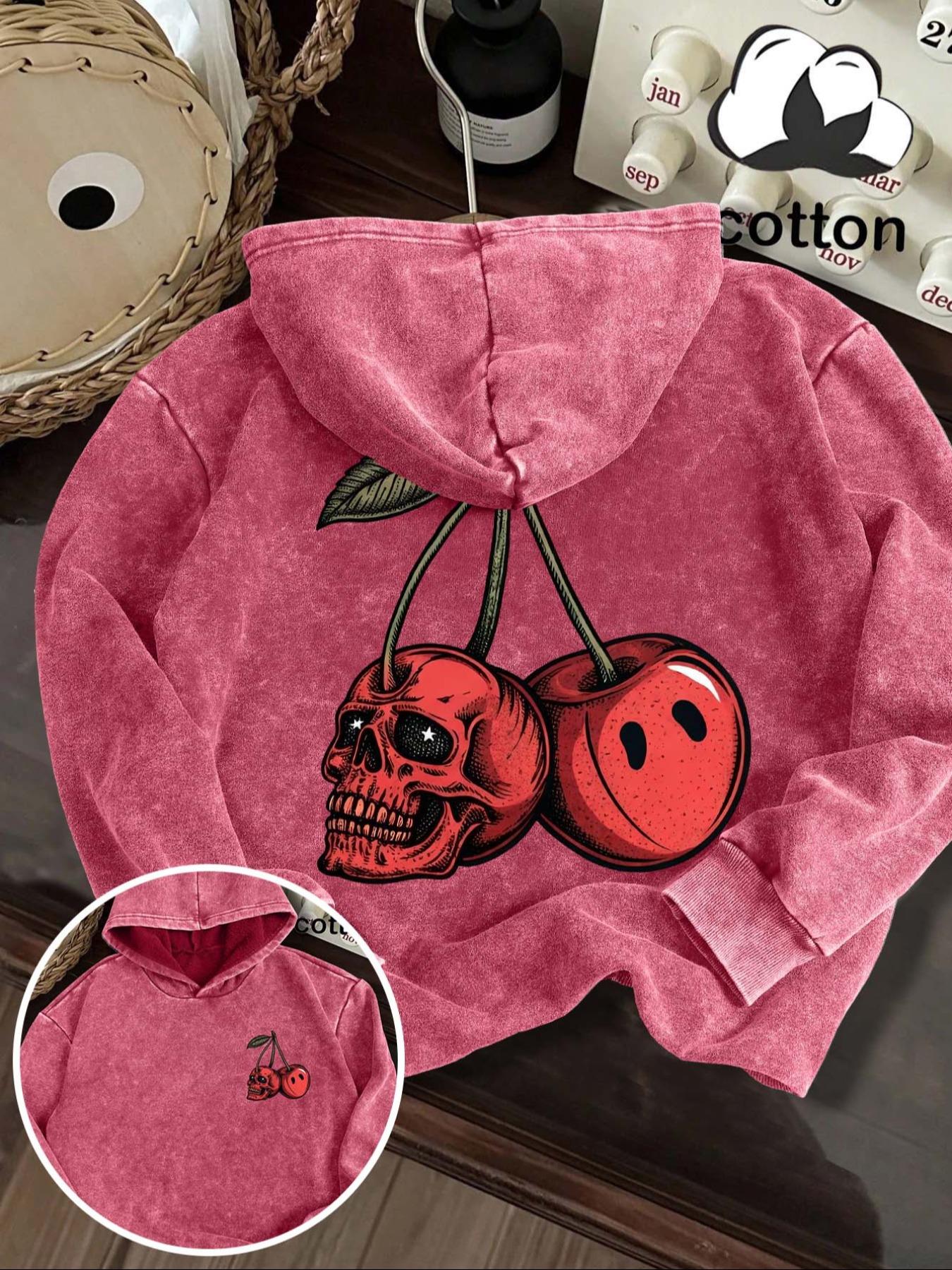 Women's Halloween Cherry Skull Graphic Print Hoodie, Fitted Casual Long Sleeve Sweatshirt, Vintage Wash Cotton, Fall & Winter Fashion