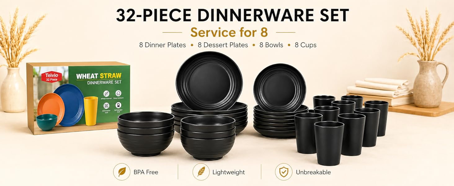 32-Piece Kitchen Plastic Wheat Straw Dinnerware Set, Service for 8, Unbreakable Modern Dish Set - Dinner Plate/Dessert Plate/Cereal Bowl/Cup, for Apartment Essentials, Outdoor Camping, Black