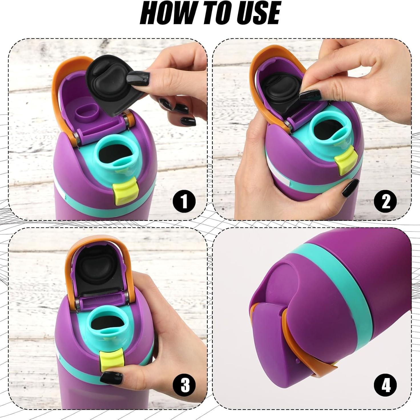 4-Pack Replacement Bottle Stopper, Compatible with 24oz and 32oz Water Bottles, Silicone Seal Rings, Fits 16/19/24/32/40oz Caps