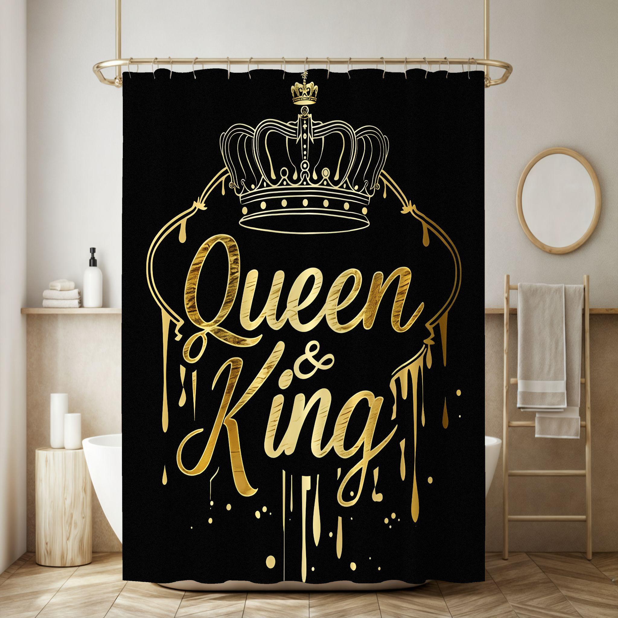 Luxurious Shower Curtain with Design, Queen & King Cursive, Crown Illustration, Ideal for Regal Bathroom Decor