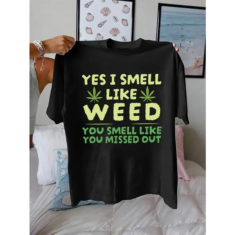 Men's & Women's Short-Sleeve Black Cotton Fabric T-Shirt - Bold "Yes I Smell Like Weed" Graphic, Green Leaf Design, Seamless Breathable Elastic Casual Knitted Streetwear for Spring Summer Everyday Wear