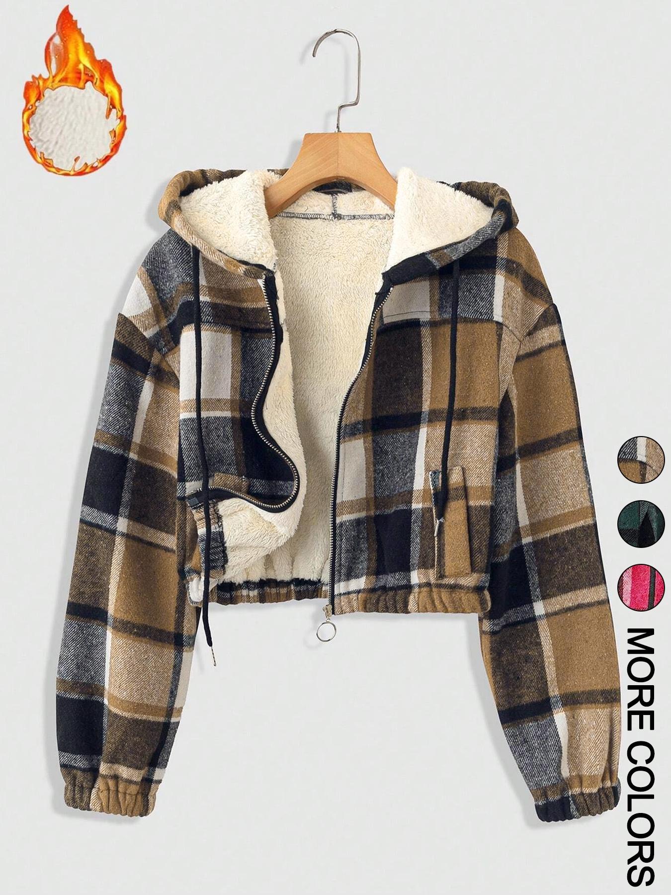 Women's Plaid Print Hooded Zipper Warm Lined Short Loose Fashionable Jacket, Long Sleeve Casual Outerwear, Fall & Winter Fashion Coat, Womenswear, Hoodie outerwear vacation style comfy chic sleek