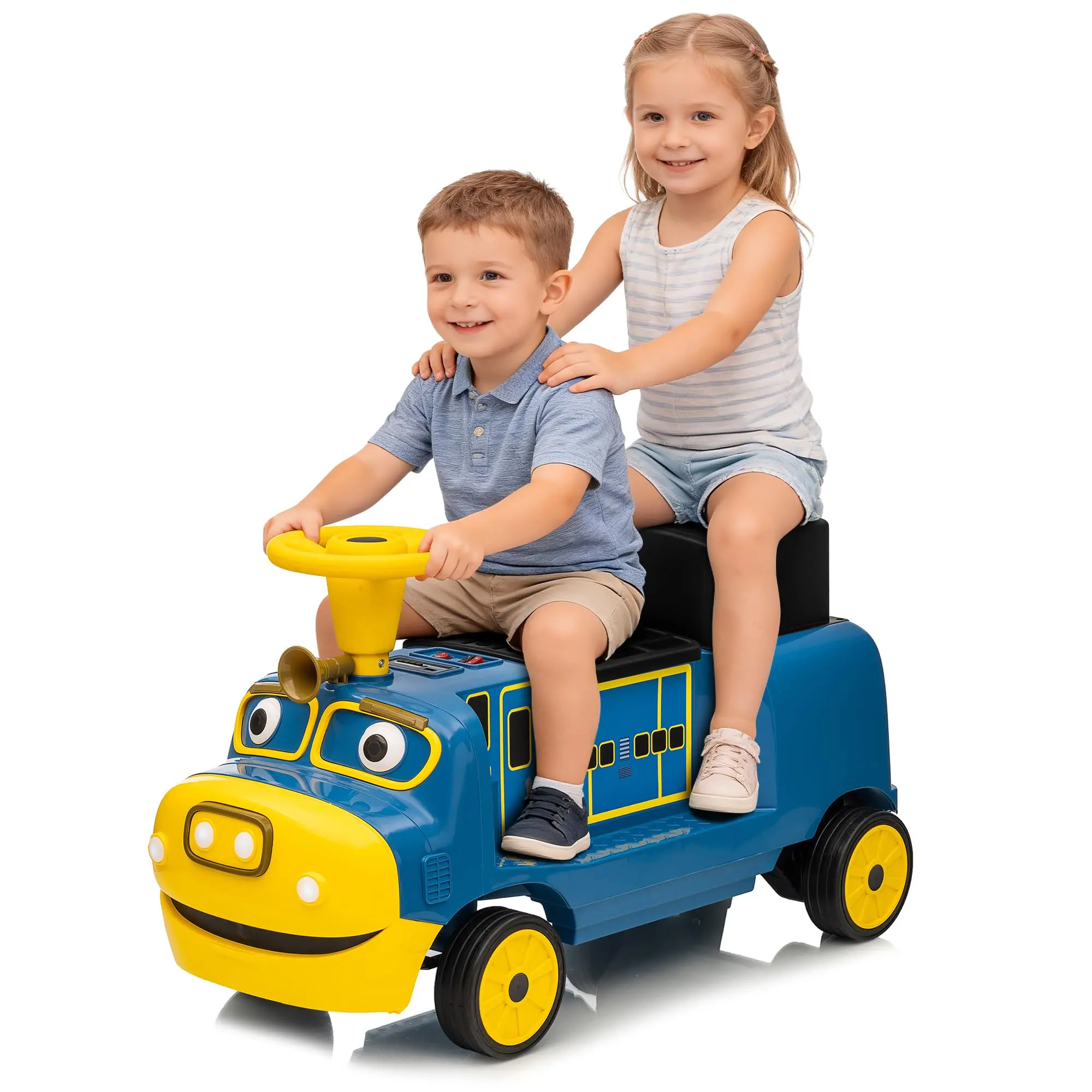 Unisex 2-Seater Trackless Electric Ride-On Train Car for 3+ Years Toddlers, 12V, Height-Adjustable Seat, Storage Space, Music, 2 Speeds - Blue (Carriage Not Included)